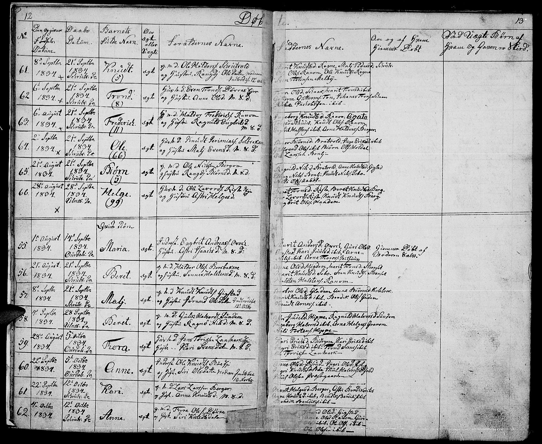 Nord-Aurdal prestekontor, AV/SAH-PREST-132/H/Ha/Hab/L0001: Parish register (copy) no. 1, 1834-1887, p. 12-13