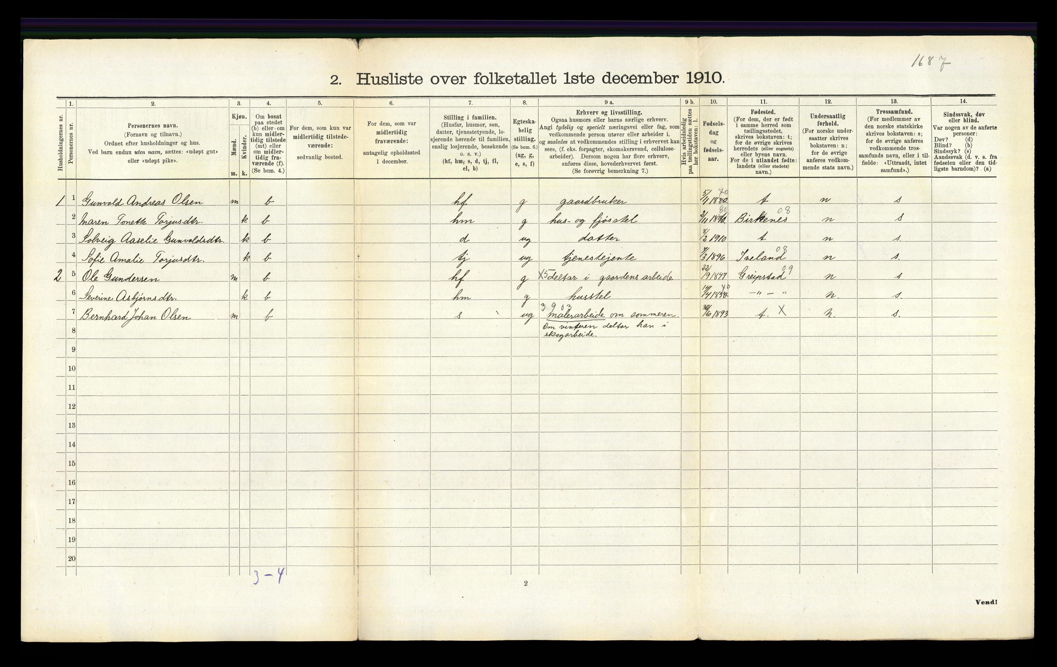 RA, 1910 census for Oddernes, 1910, p. 682