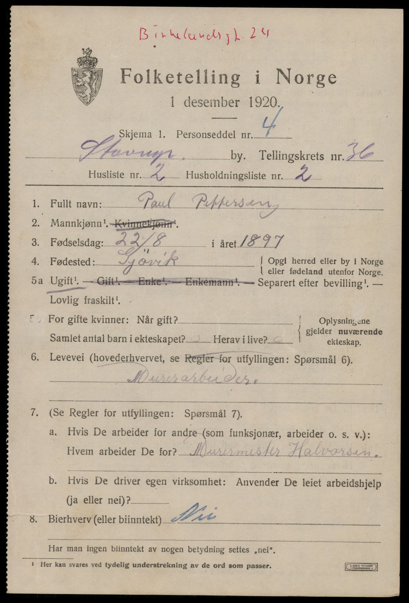 SAST, 1920 census for Stavanger, 1920, p. 59490