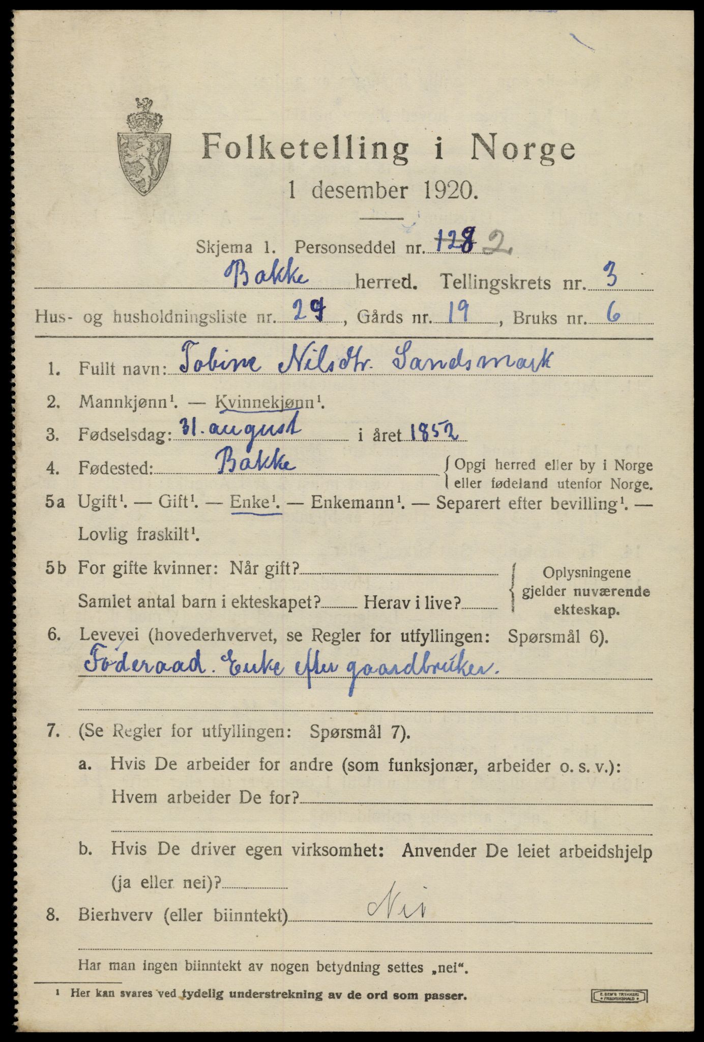 SAK, 1920 census for Bakke, 1920, p. 1230