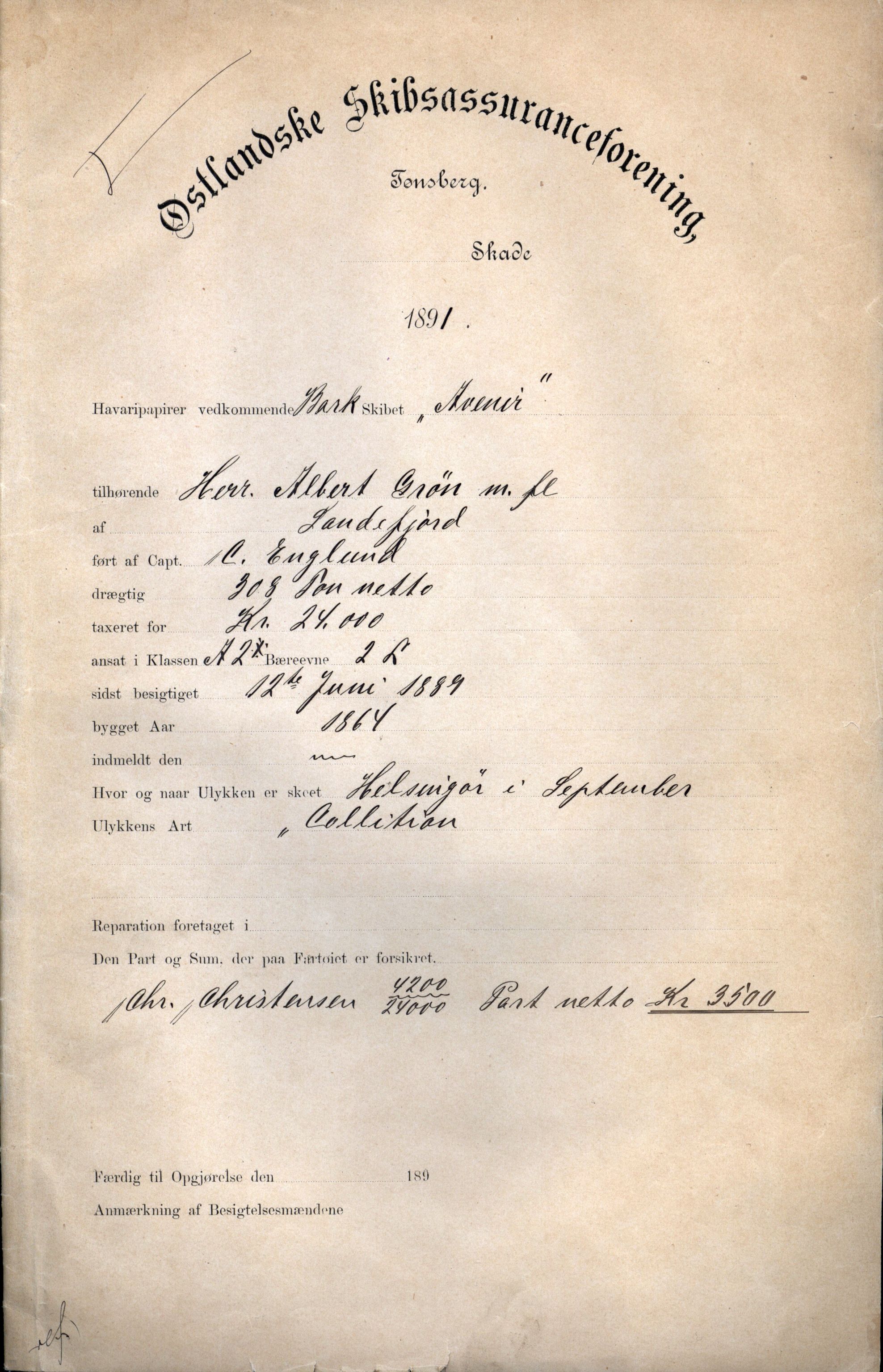 Pa 63 - Østlandske skibsassuranceforening, VEMU/A-1079/G/Ga/L0027/0004: Havaridokumenter / Avenir, Bertha, Augusta, Arctic, Black Hawk, 1891, p. 1