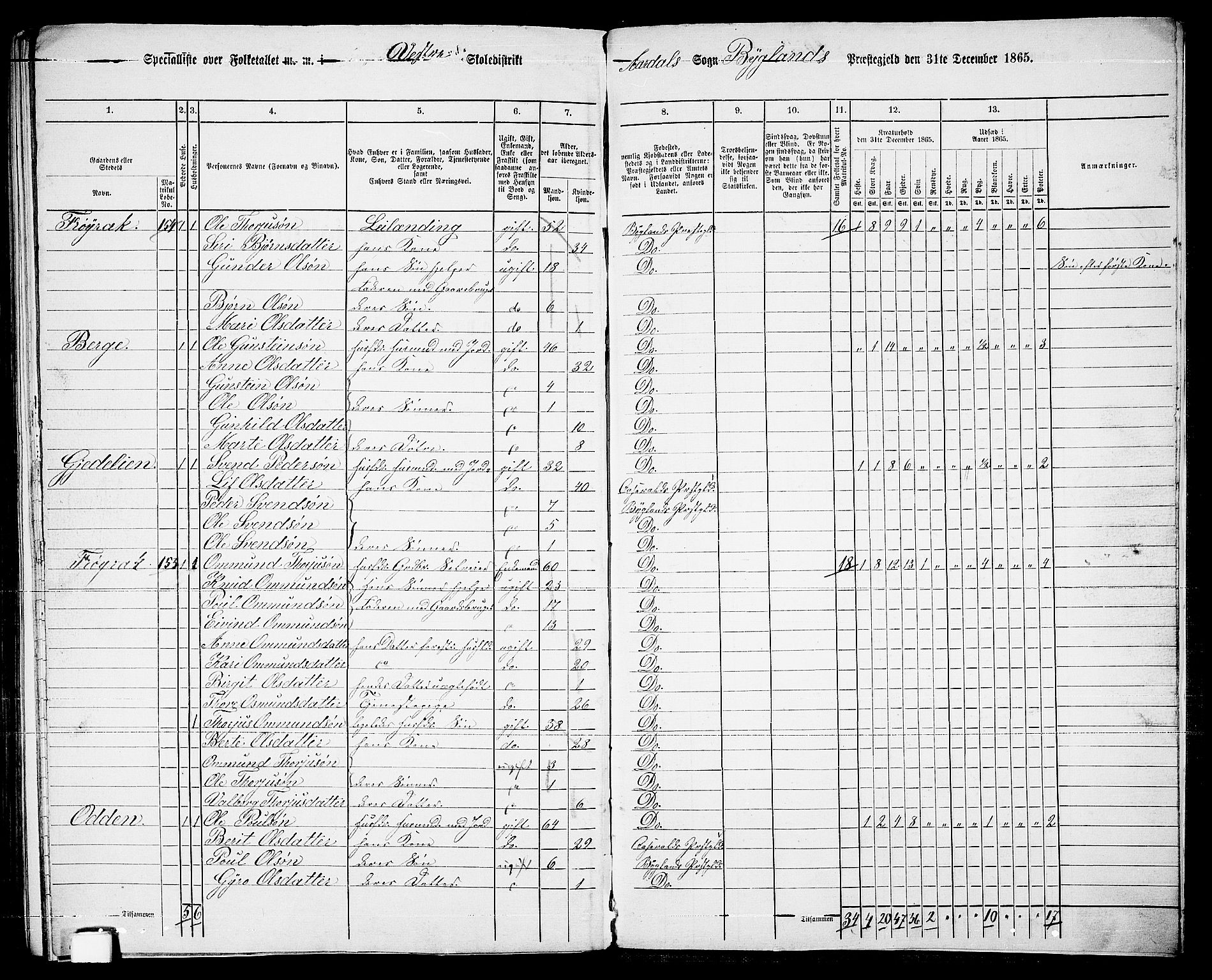 RA, 1865 census for Bygland, 1865, p. 91