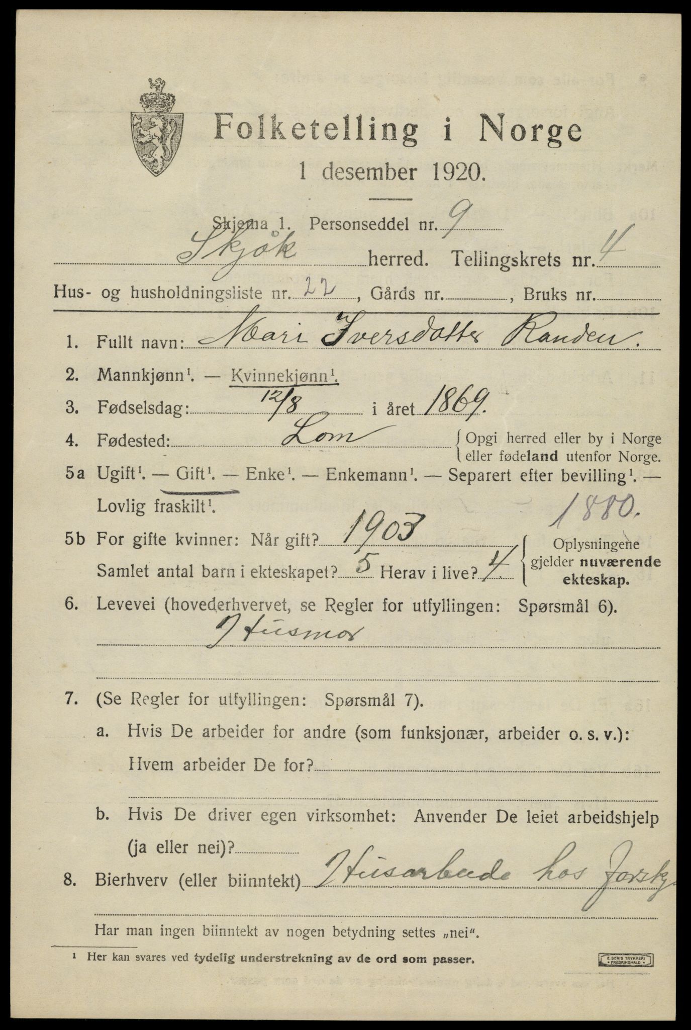 SAH, 1920 census for Skjåk, 1920, p. 2450