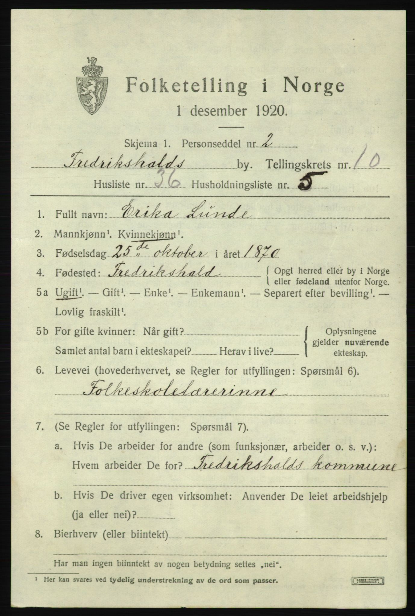 SAO, 1920 census for Fredrikshald, 1920, p. 18553
