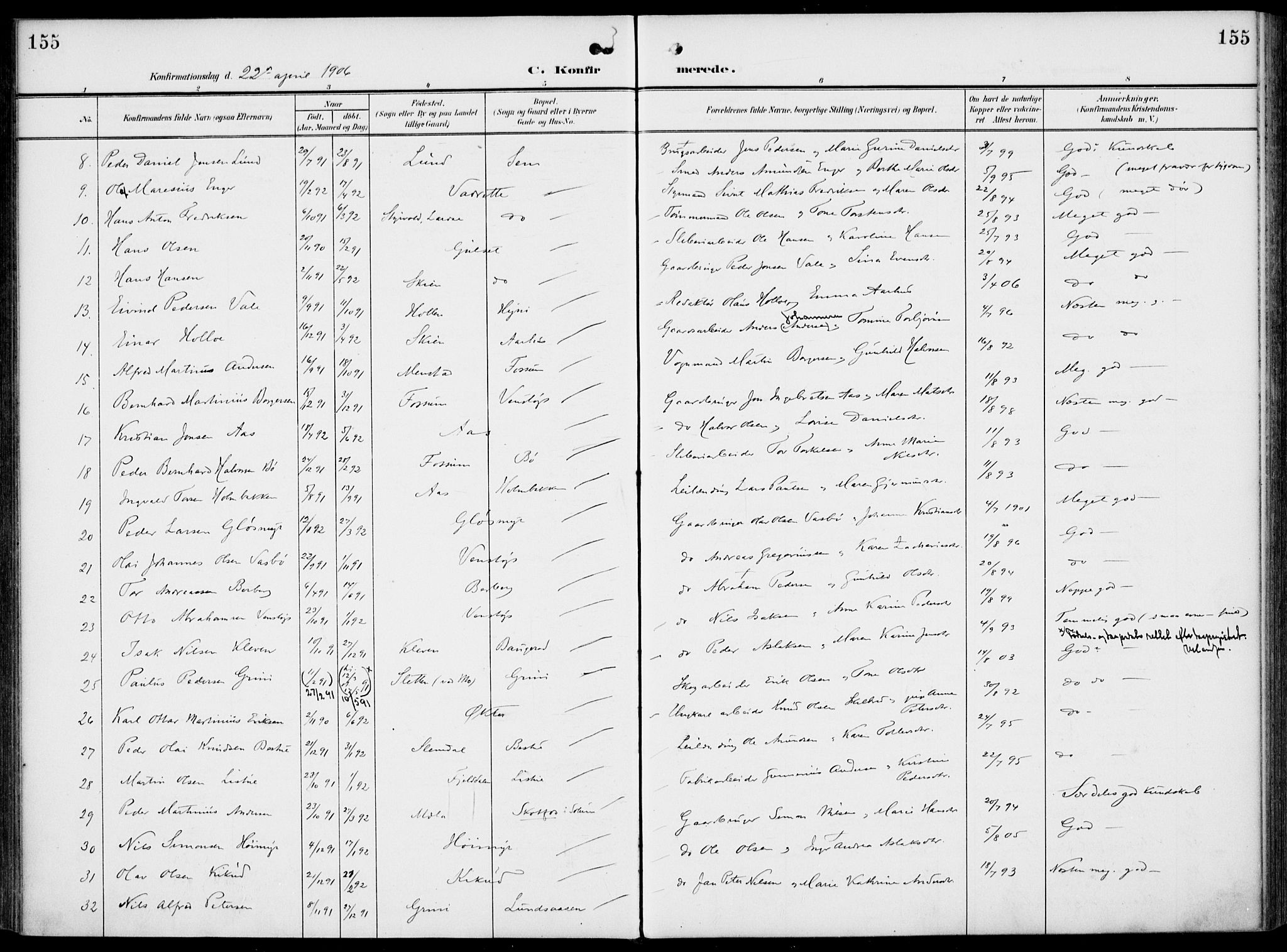 Gjerpen kirkebøker, SAKO/A-265/F/Fa/L0012: Parish register (official) no. I 12, 1905-1913, p. 155