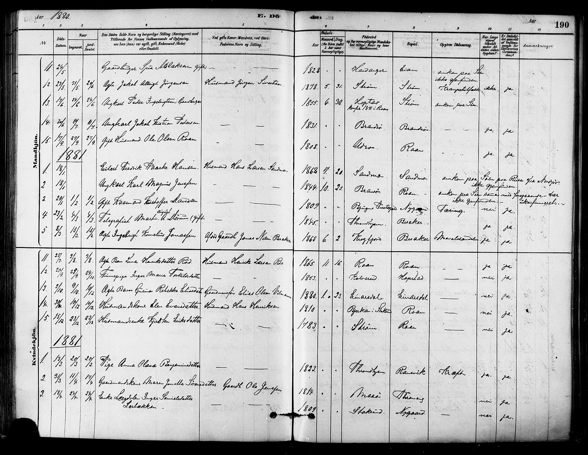 Ministerialprotokoller, klokkerbøker og fødselsregistre - Sør-Trøndelag, SAT/A-1456/657/L0707: Parish register (official) no. 657A08, 1879-1893, p. 190