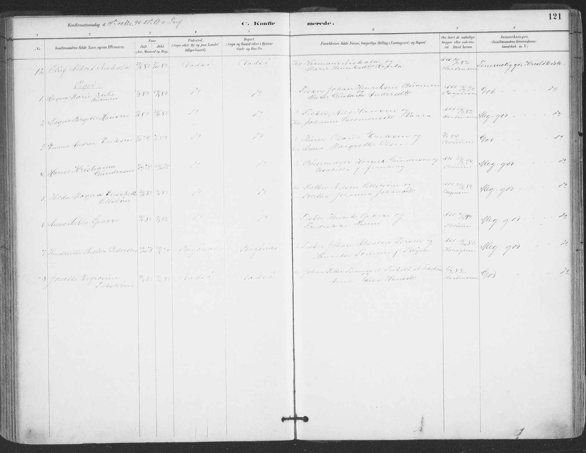 Vadsø sokneprestkontor, SATØ/S-1325/H/Ha/L0006kirke: Parish register (official) no. 6, 1885-1895, p. 121