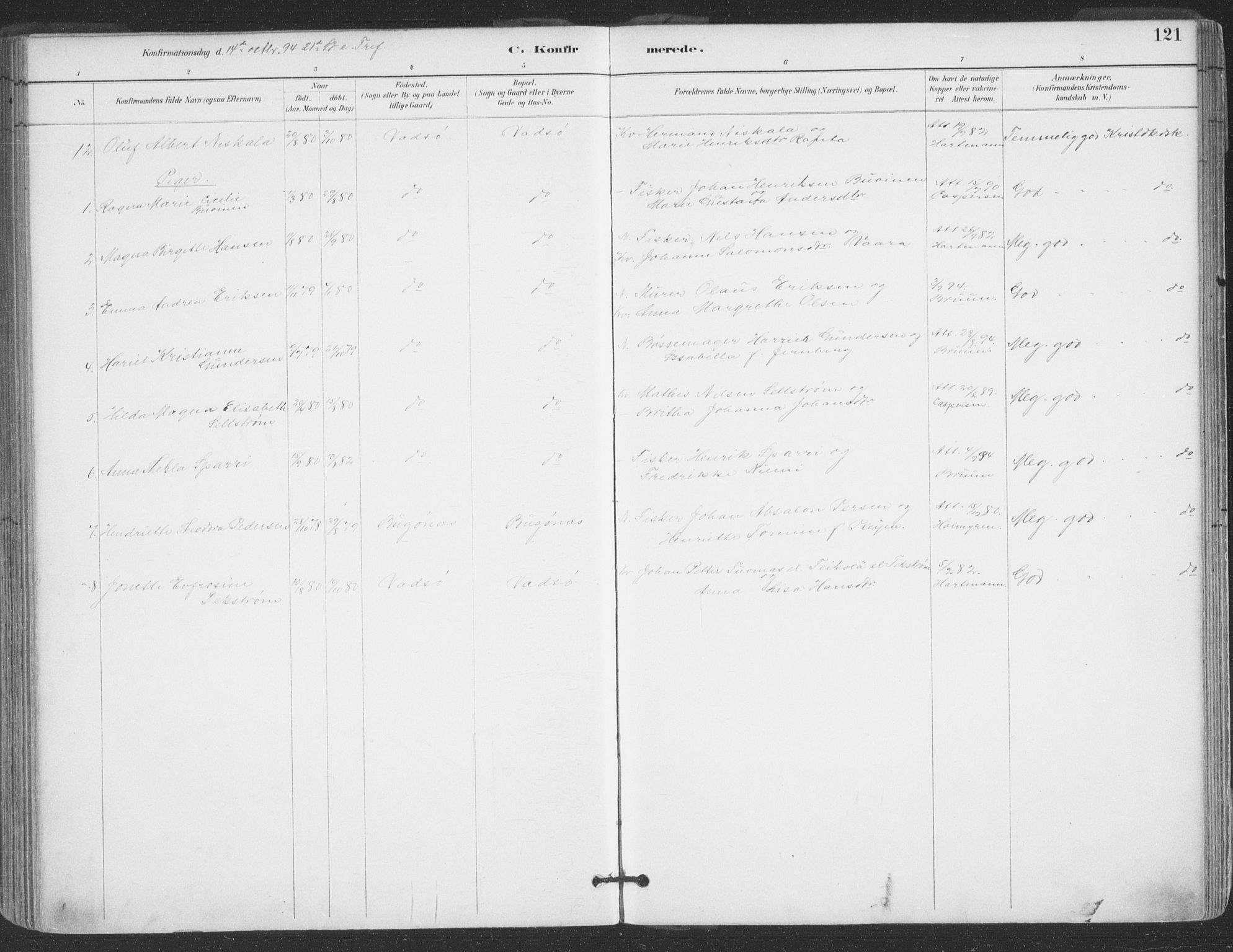 Vadsø sokneprestkontor, AV/SATØ-S-1325/H/Ha/L0006kirke: Parish register (official) no. 6, 1885-1895, p. 121