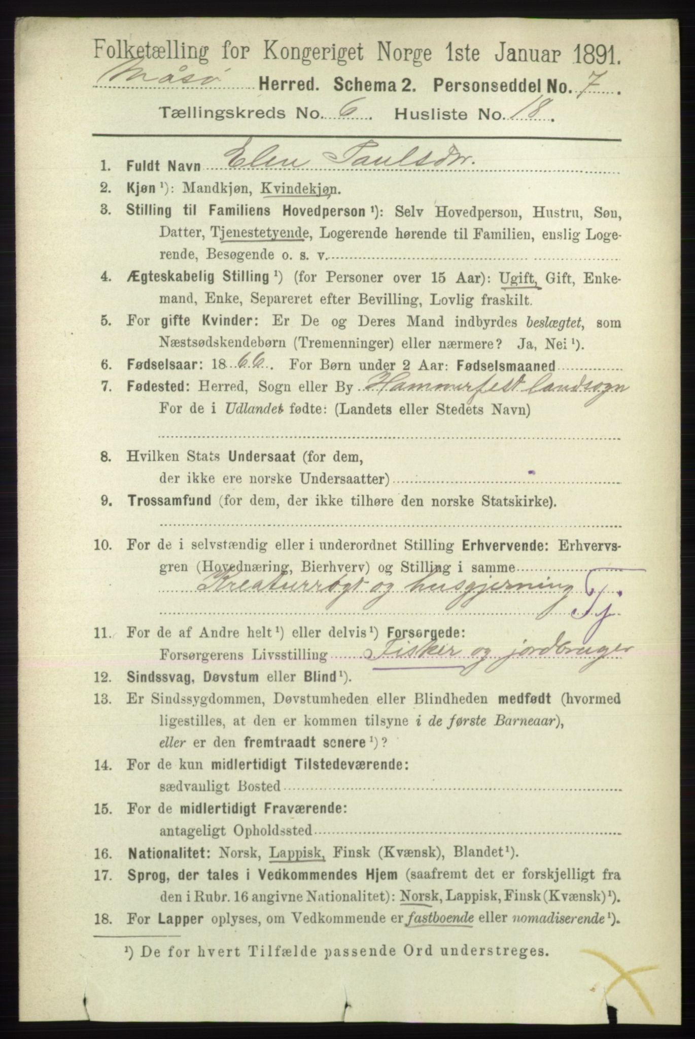 RA, 1891 census for 2018 Måsøy, 1891, p. 1237