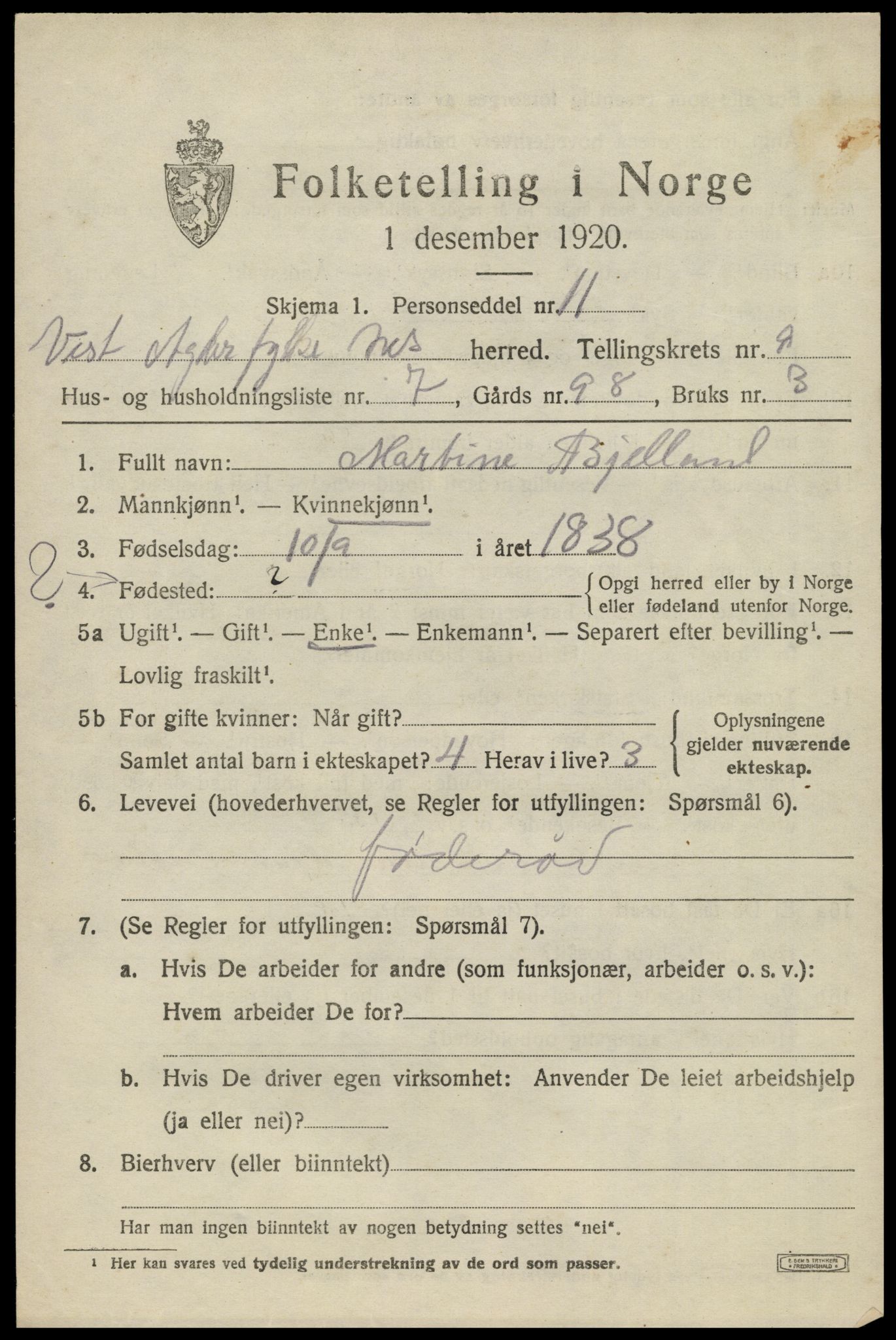 SAK, 1920 census for Nes (V-A), 1920, p. 3864