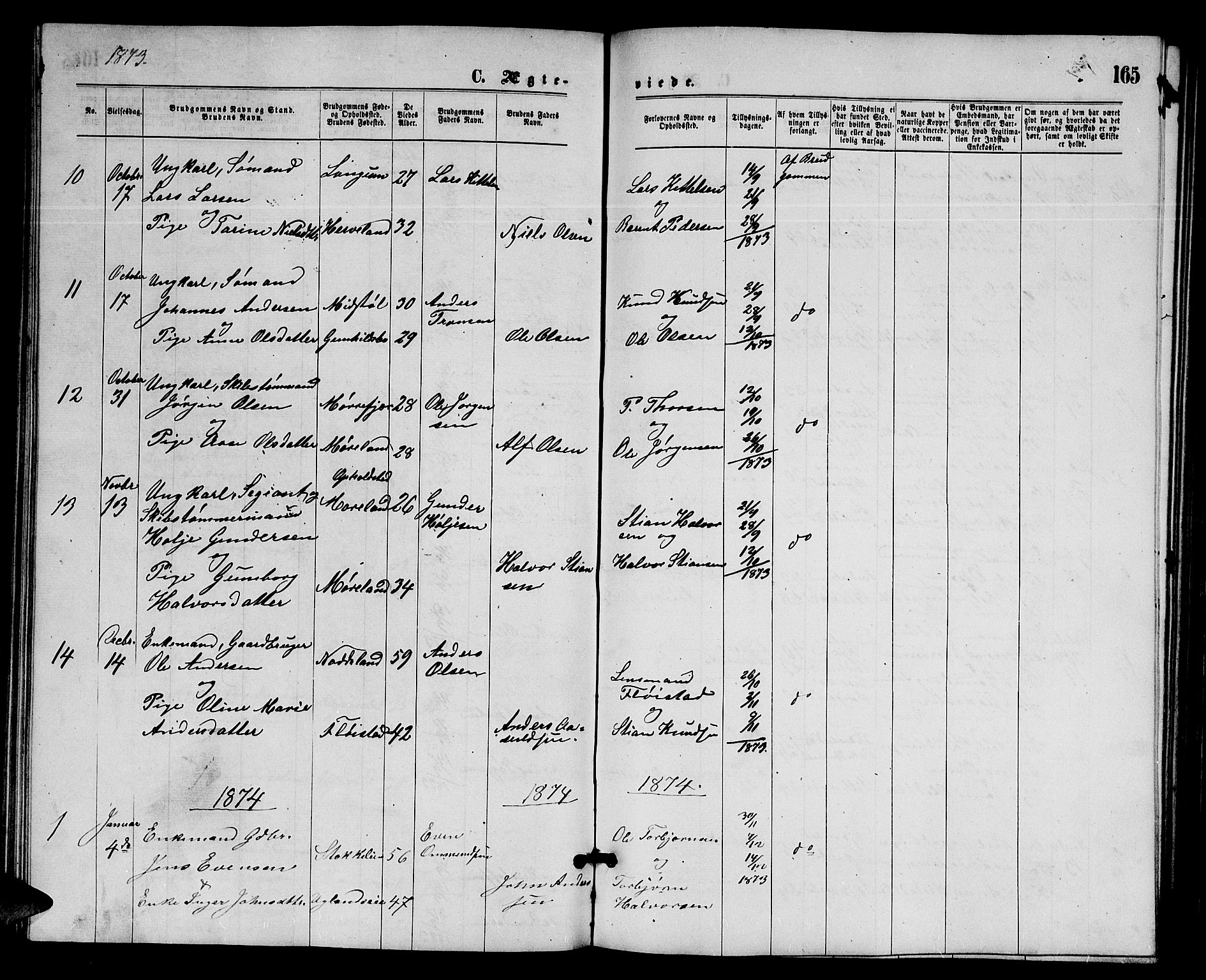 Austre Moland sokneprestkontor, SAK/1111-0001/F/Fb/Fba/L0002: Parish register (copy) no. B 2, 1869-1879, p. 165
