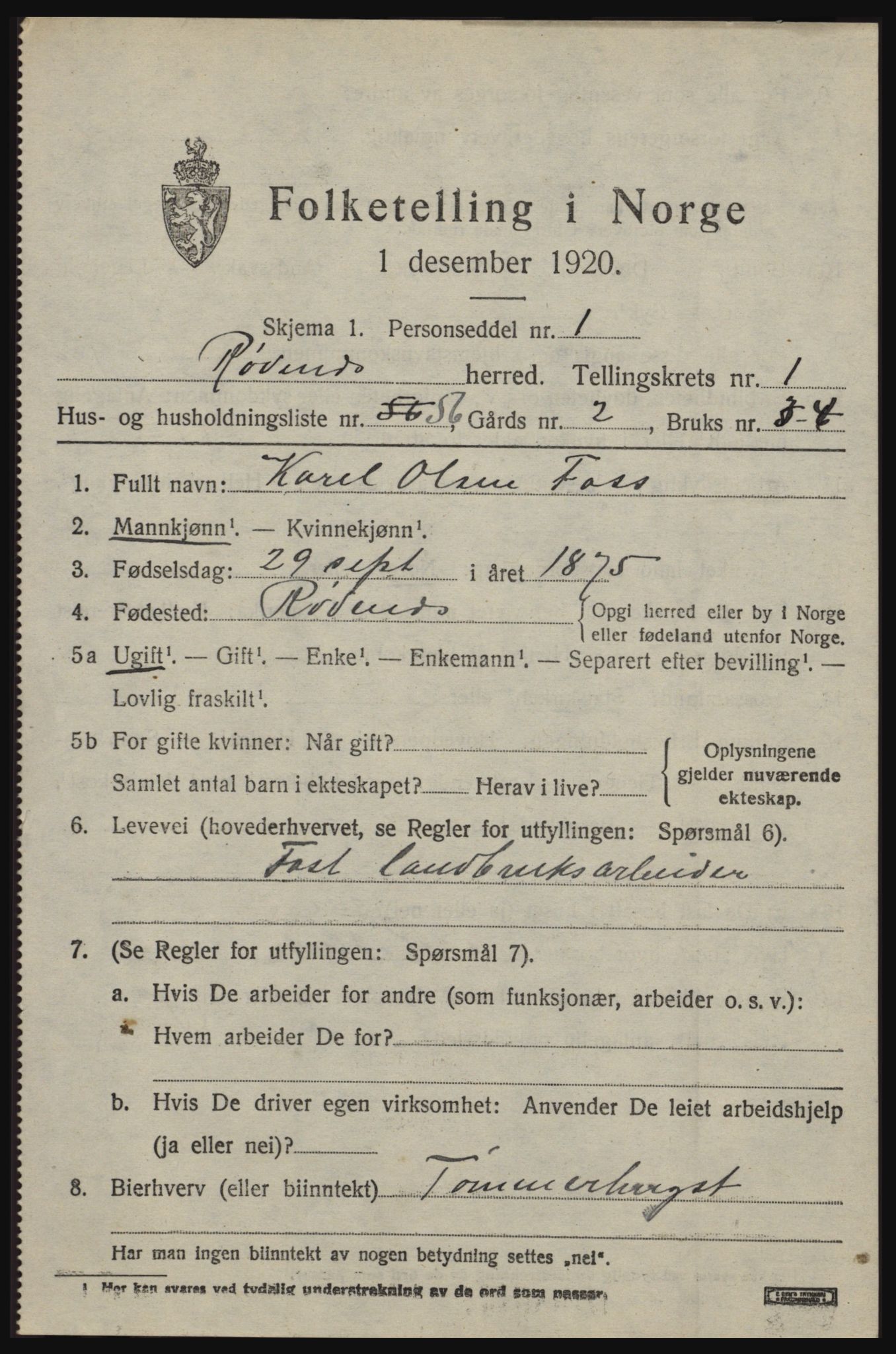 SAO, 1920 census for Rødenes, 1920, p. 1092