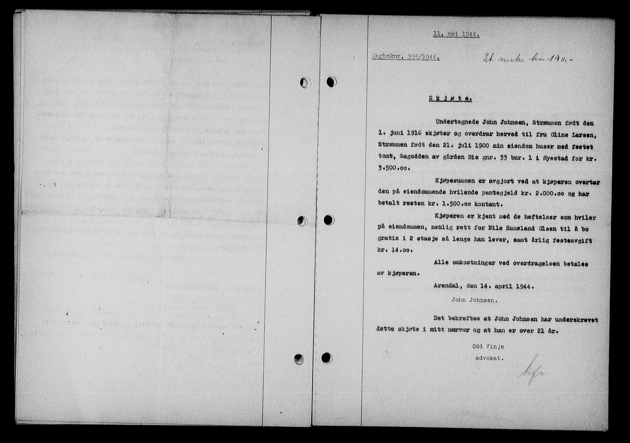 Nedenes sorenskriveri, SAK/1221-0006/G/Gb/Gba/L0051: Mortgage book no. A-V, 1943-1944, Diary no: : 395/1944