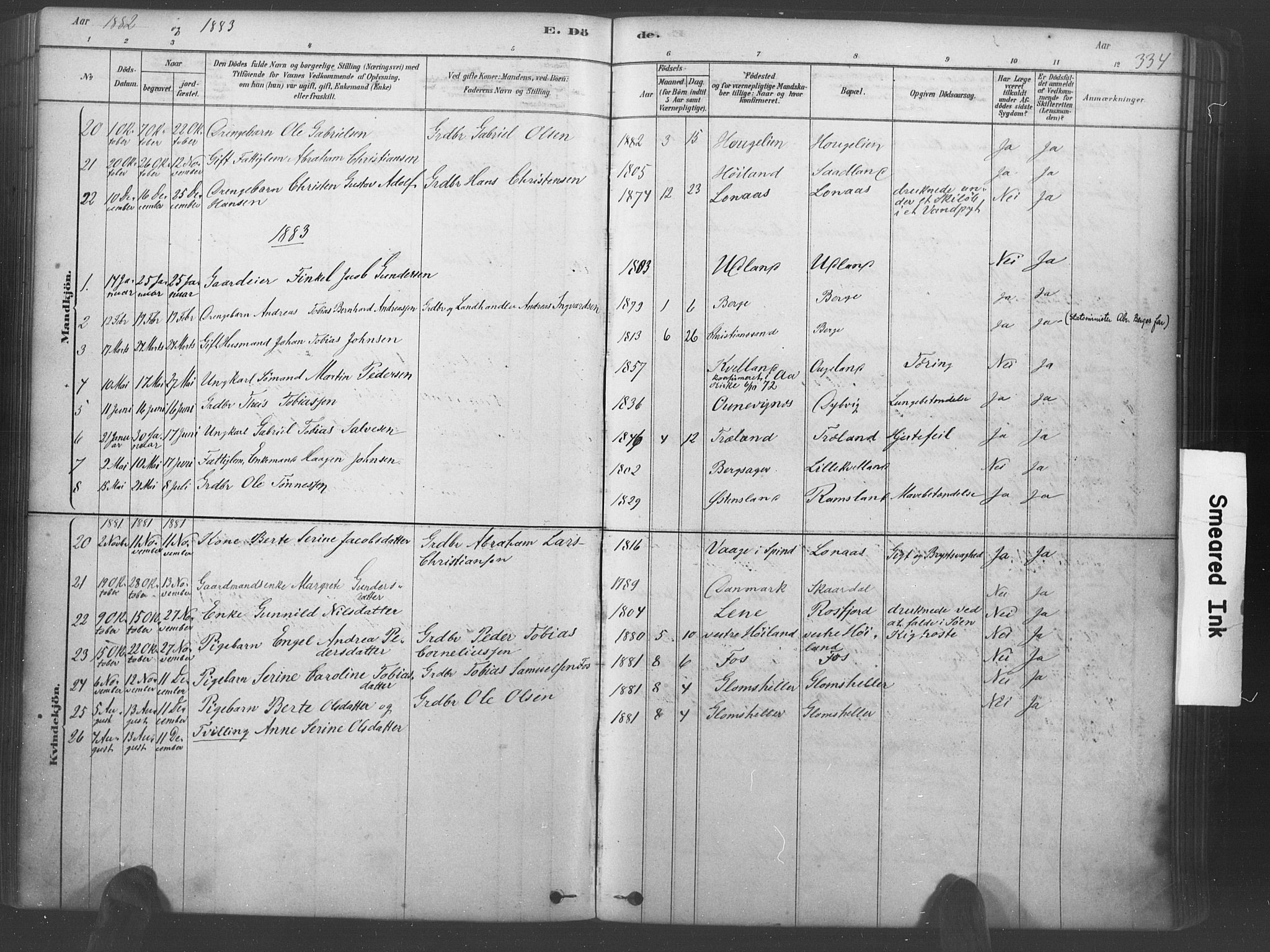 Lyngdal sokneprestkontor, AV/SAK-1111-0029/F/Fa/Fac/L0011: Parish register (official) no. A 11, 1878-1893, p. 334