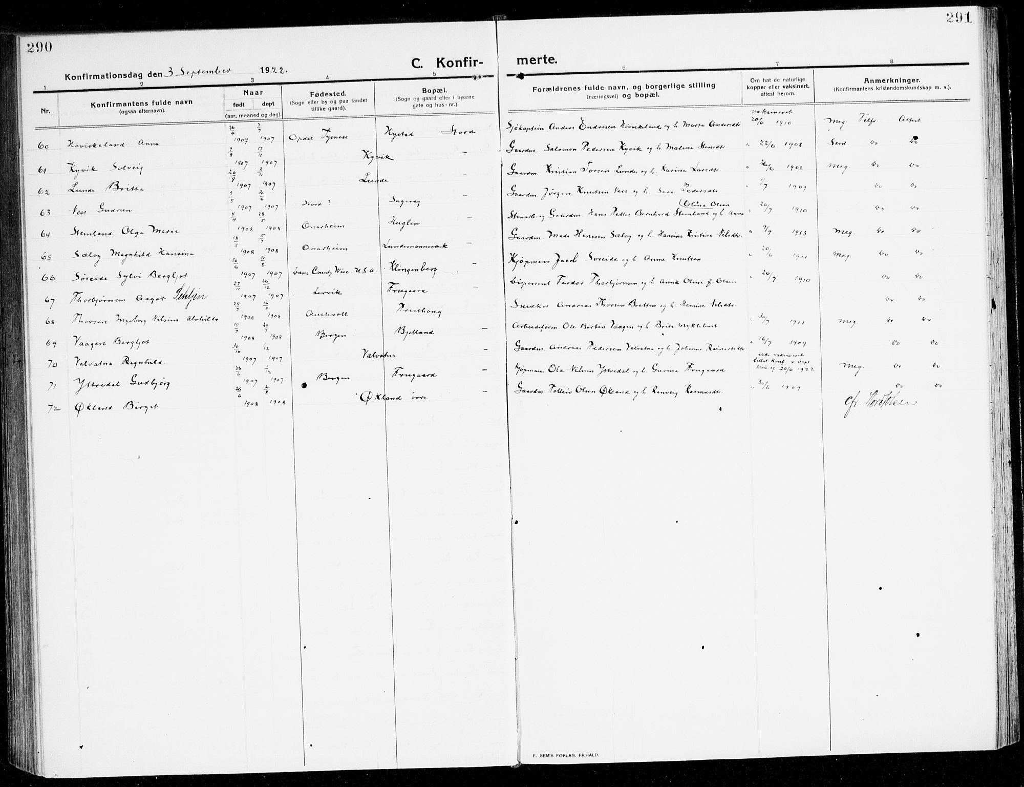Stord sokneprestembete, SAB/A-78201/H/Haa: Parish register (official) no. B 3, 1913-1925, p. 290-291