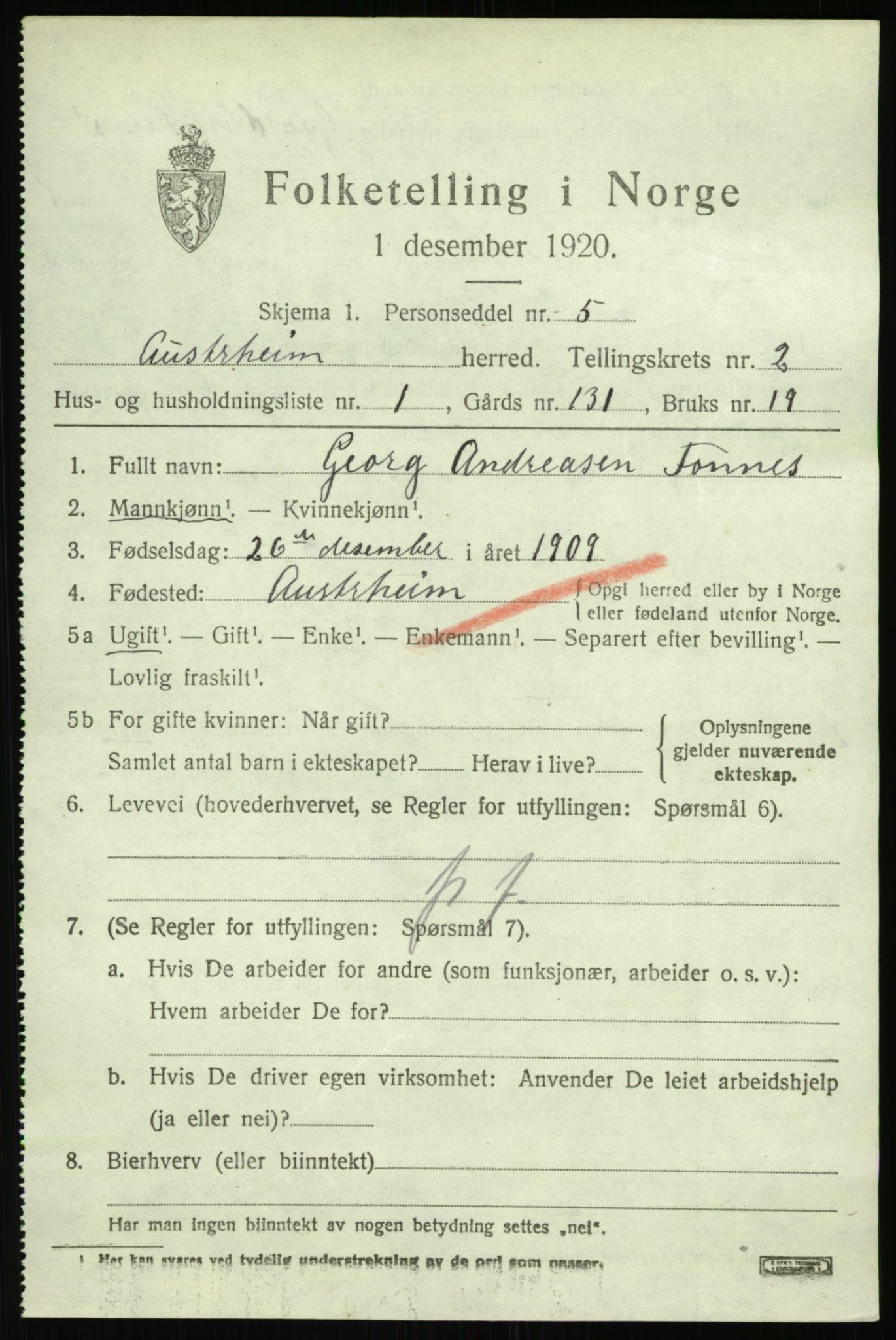 SAB, 1920 census for Austrheim, 1920, p. 1272