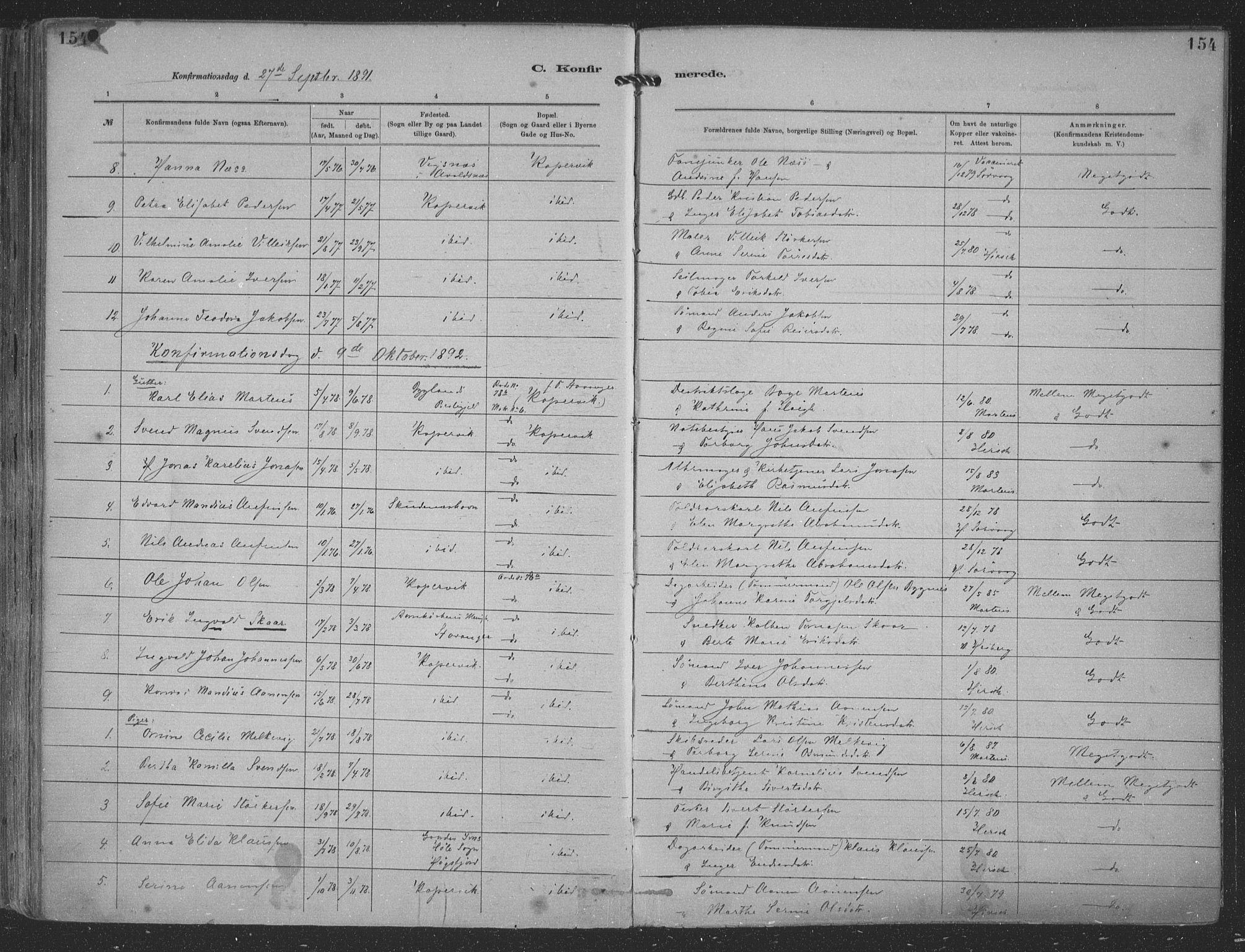 Kopervik sokneprestkontor, SAST/A-101850/H/Ha/Haa/L0001: Parish register (official) no. A 1, 1880-1919, p. 154