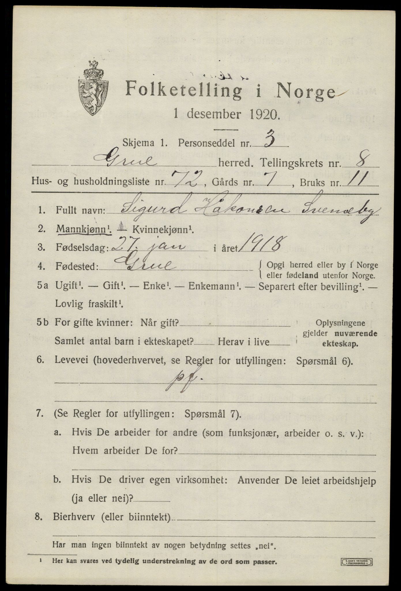 SAH, 1920 census for Grue, 1920, p. 7735