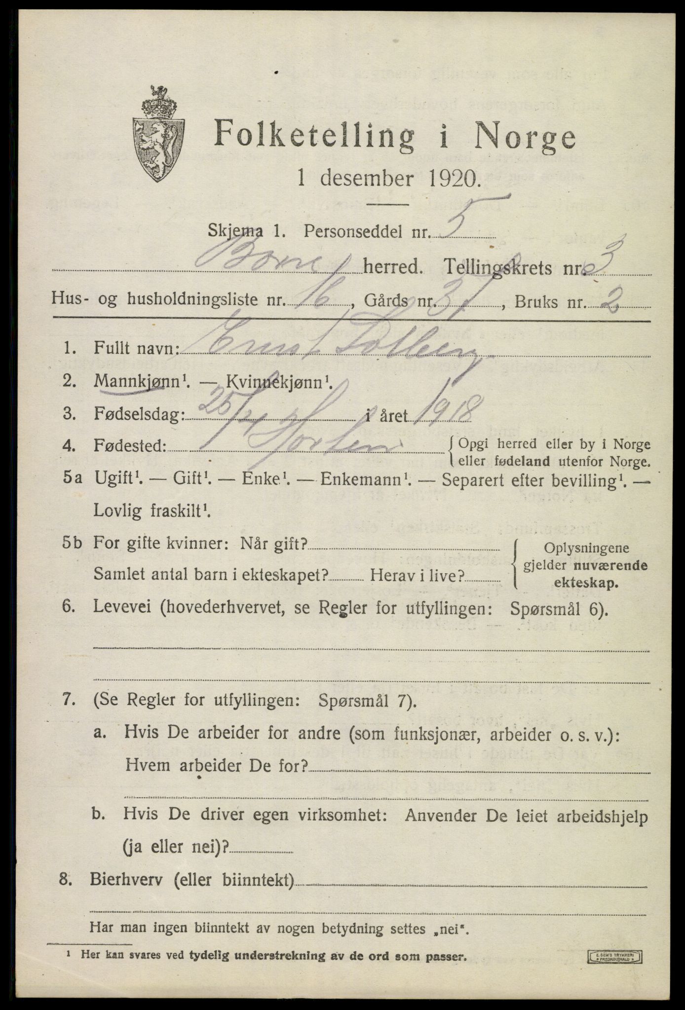 SAKO, 1920 census for Borre, 1920, p. 6214