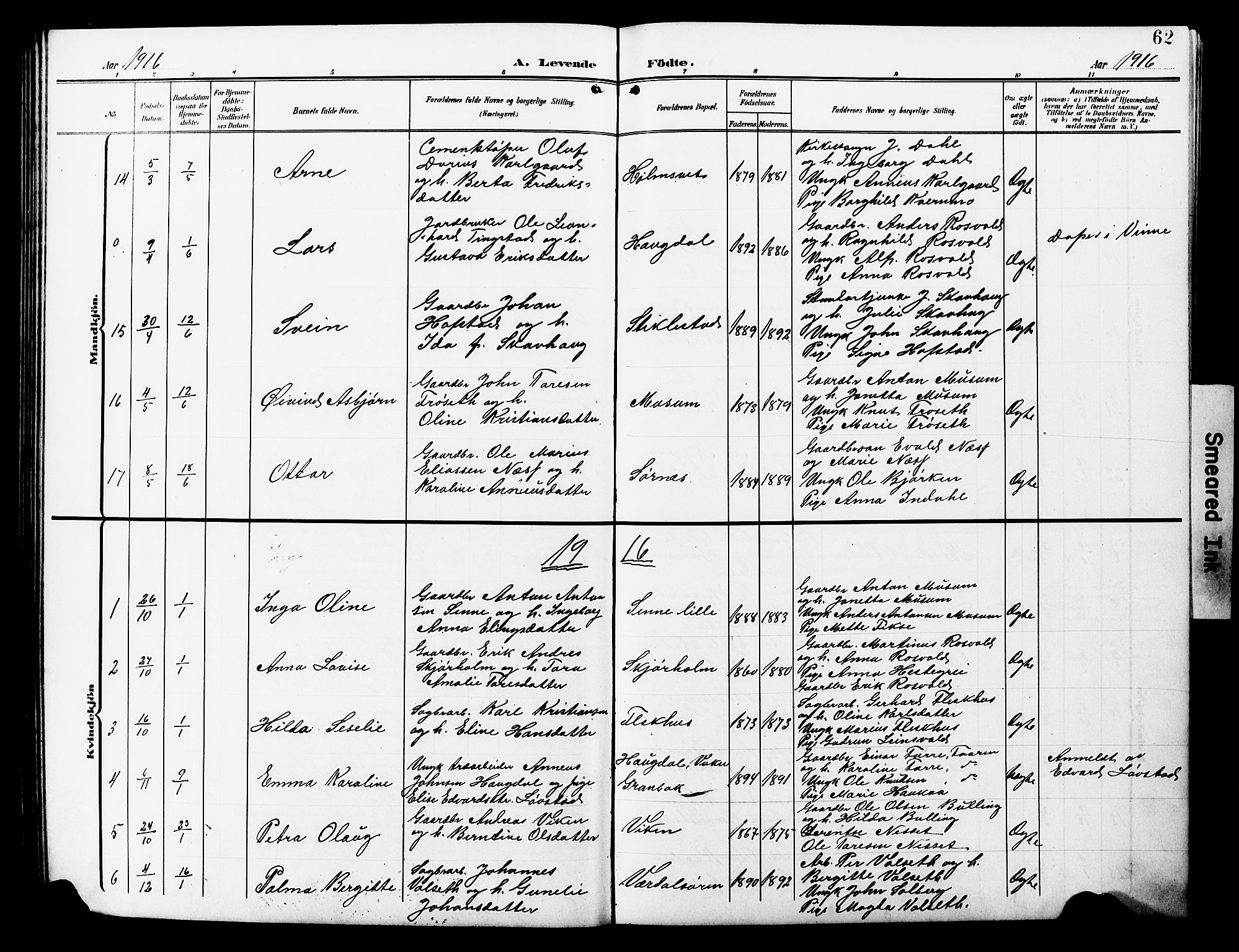 Ministerialprotokoller, klokkerbøker og fødselsregistre - Nord-Trøndelag, SAT/A-1458/723/L0258: Parish register (copy) no. 723C06, 1908-1927, p. 62
