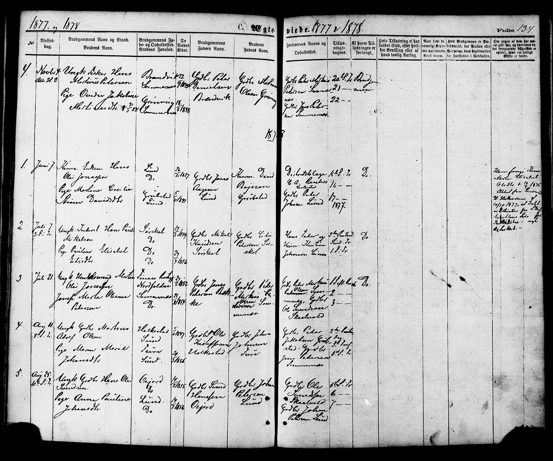 Ministerialprotokoller, klokkerbøker og fødselsregistre - Nordland, SAT/A-1459/857/L0821: Parish register (official) no. 857A01, 1875-1889, p. 134