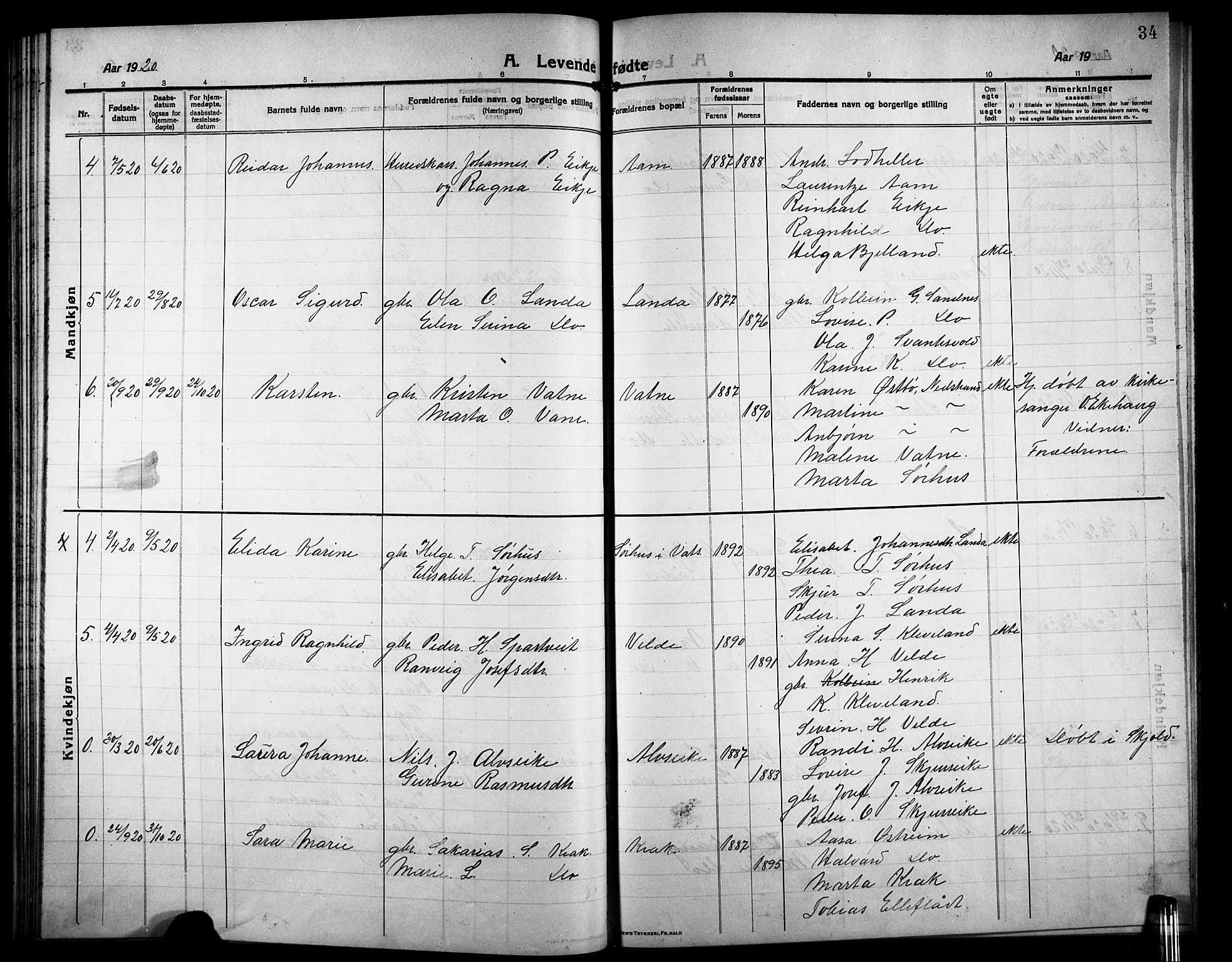 Skjold sokneprestkontor, AV/SAST-A-101847/H/Ha/Hab/L0009: Parish register (copy) no. B 9, 1914-1925, p. 34
