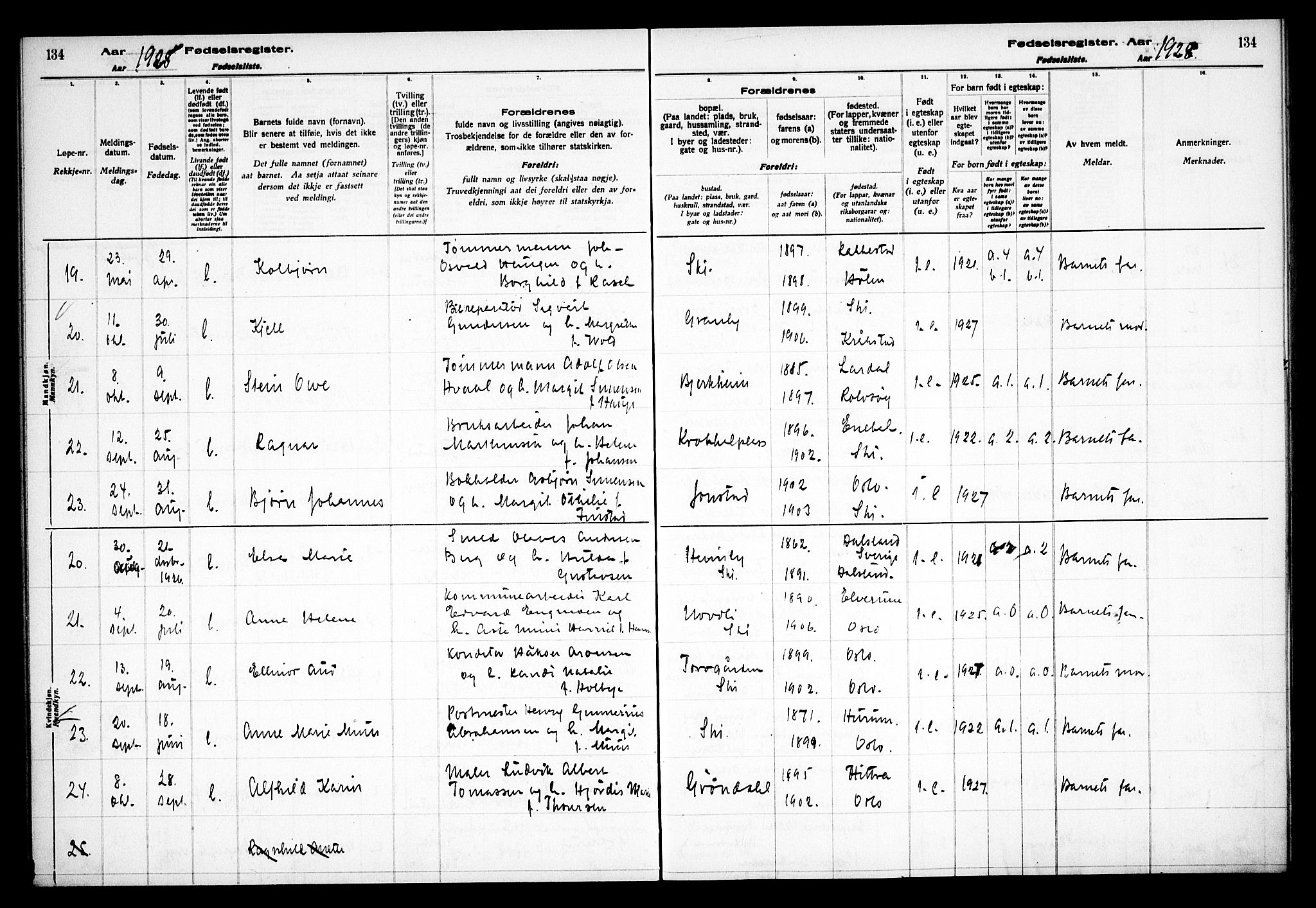 Kråkstad prestekontor Kirkebøker, AV/SAO-A-10125a/J/Jb/L0001: Birth register no. II 1, 1916-1936, p. 134