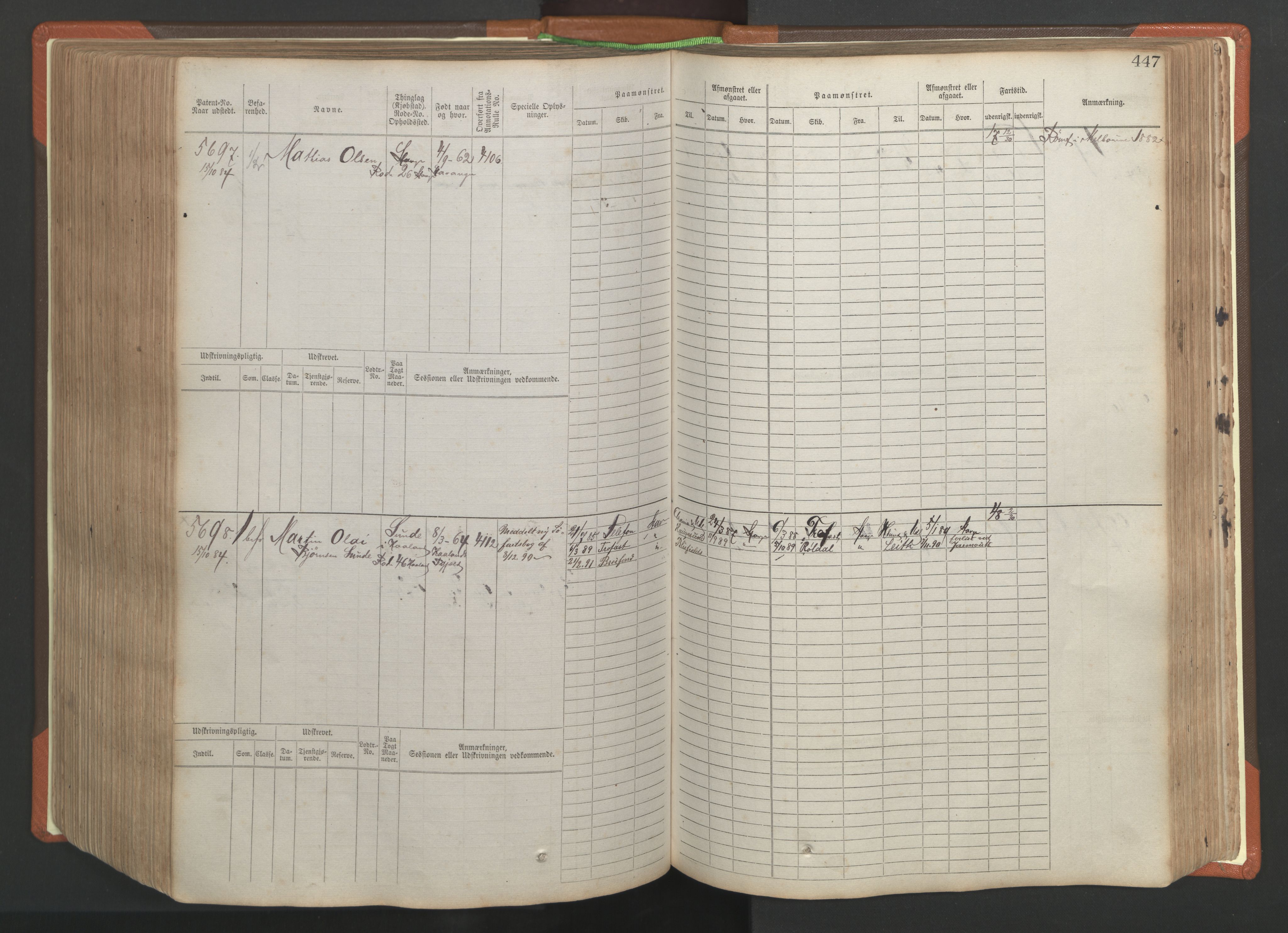 Stavanger sjømannskontor, AV/SAST-A-102006/F/Fb/Fbb/L0009: Sjøfartshovedrulle, patentnr. 4805-6006, 1879-1887, p. 453