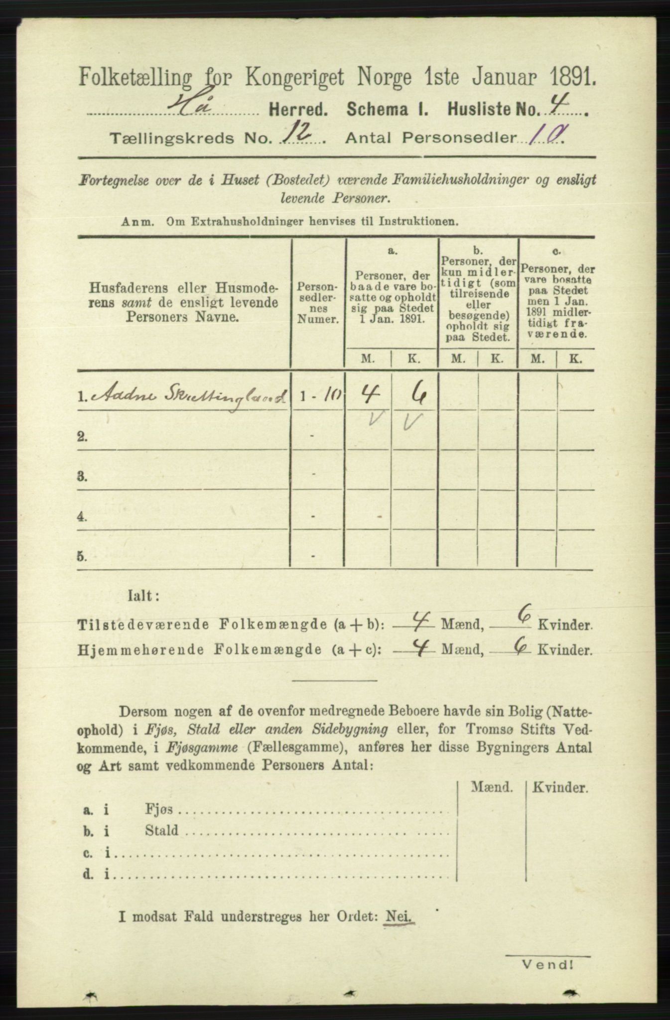 RA, 1891 census for 1119 Hå, 1891, p. 2844