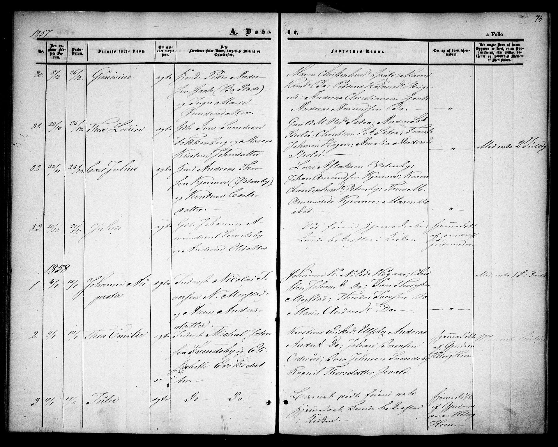 Rødenes prestekontor Kirkebøker, AV/SAO-A-2005/F/Fa/L0006: Parish register (official) no. I 6, 1850-1859, p. 74