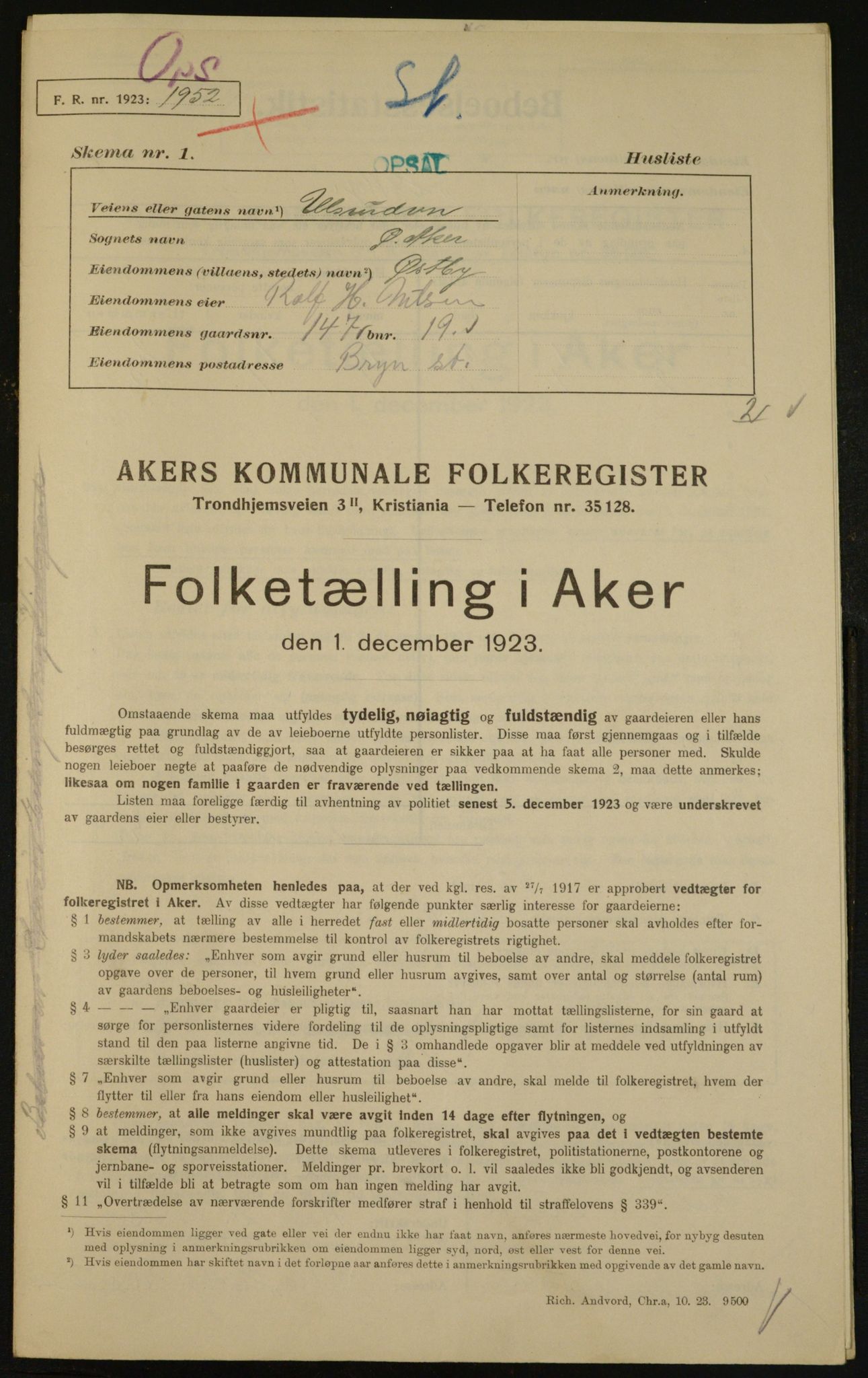 , Municipal Census 1923 for Aker, 1923, p. 34891