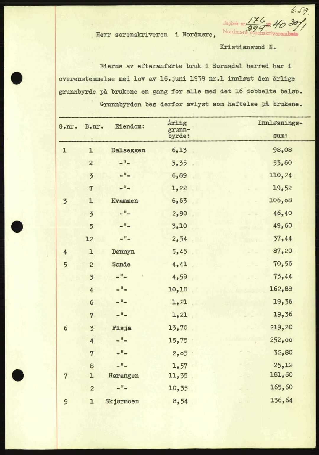 Nordmøre sorenskriveri, AV/SAT-A-4132/1/2/2Ca: Mortgage book no. B86, 1939-1940, Diary no: : 176/1940