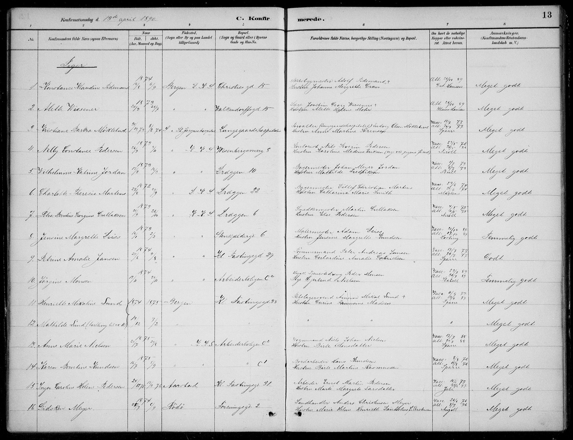 Mariakirken Sokneprestembete, AV/SAB-A-76901/H/Hab/L0008: Parish register (copy) no. A 8, 1889-1908, p. 13