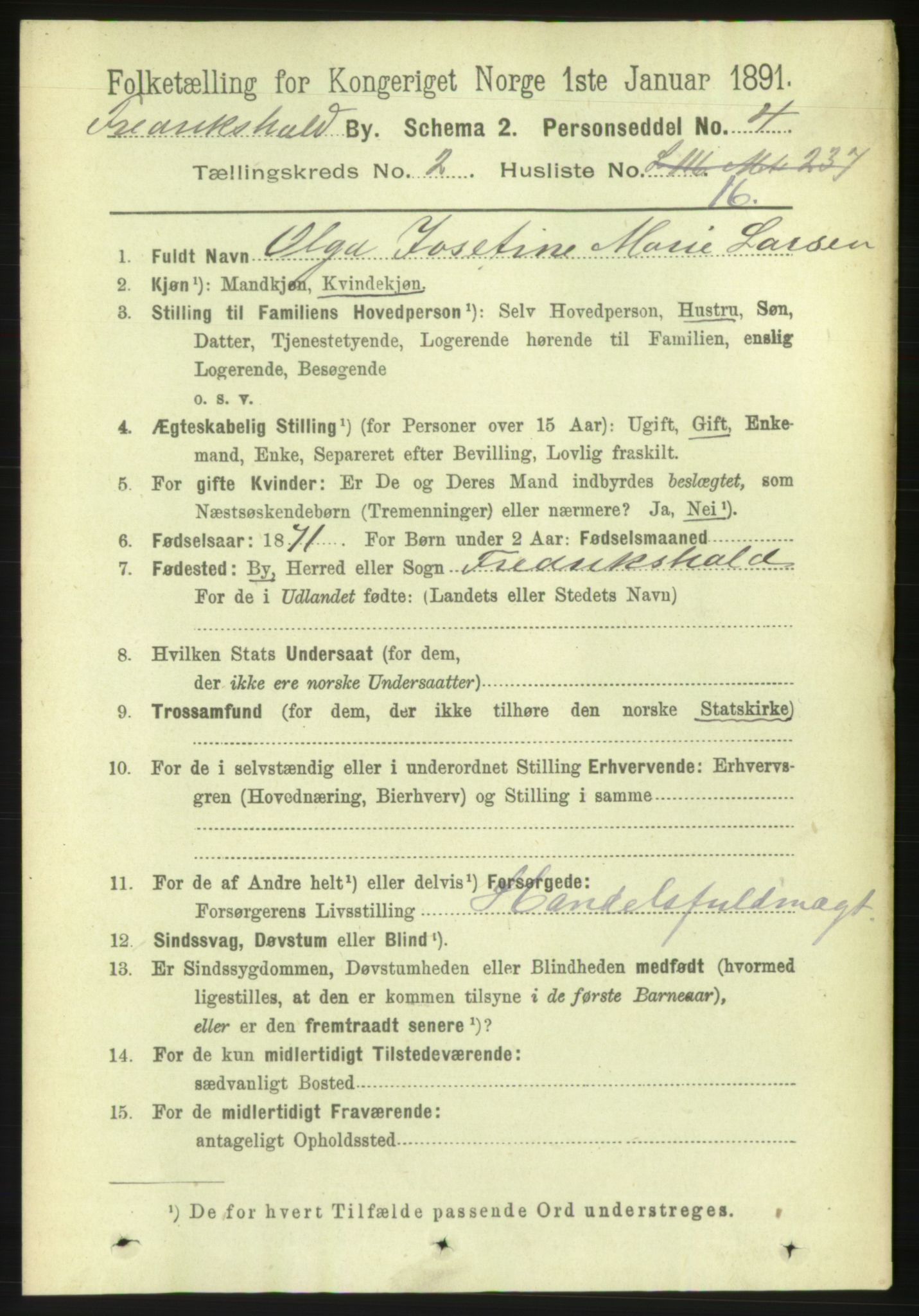 RA, 1891 census for 0101 Fredrikshald, 1891, p. 2823