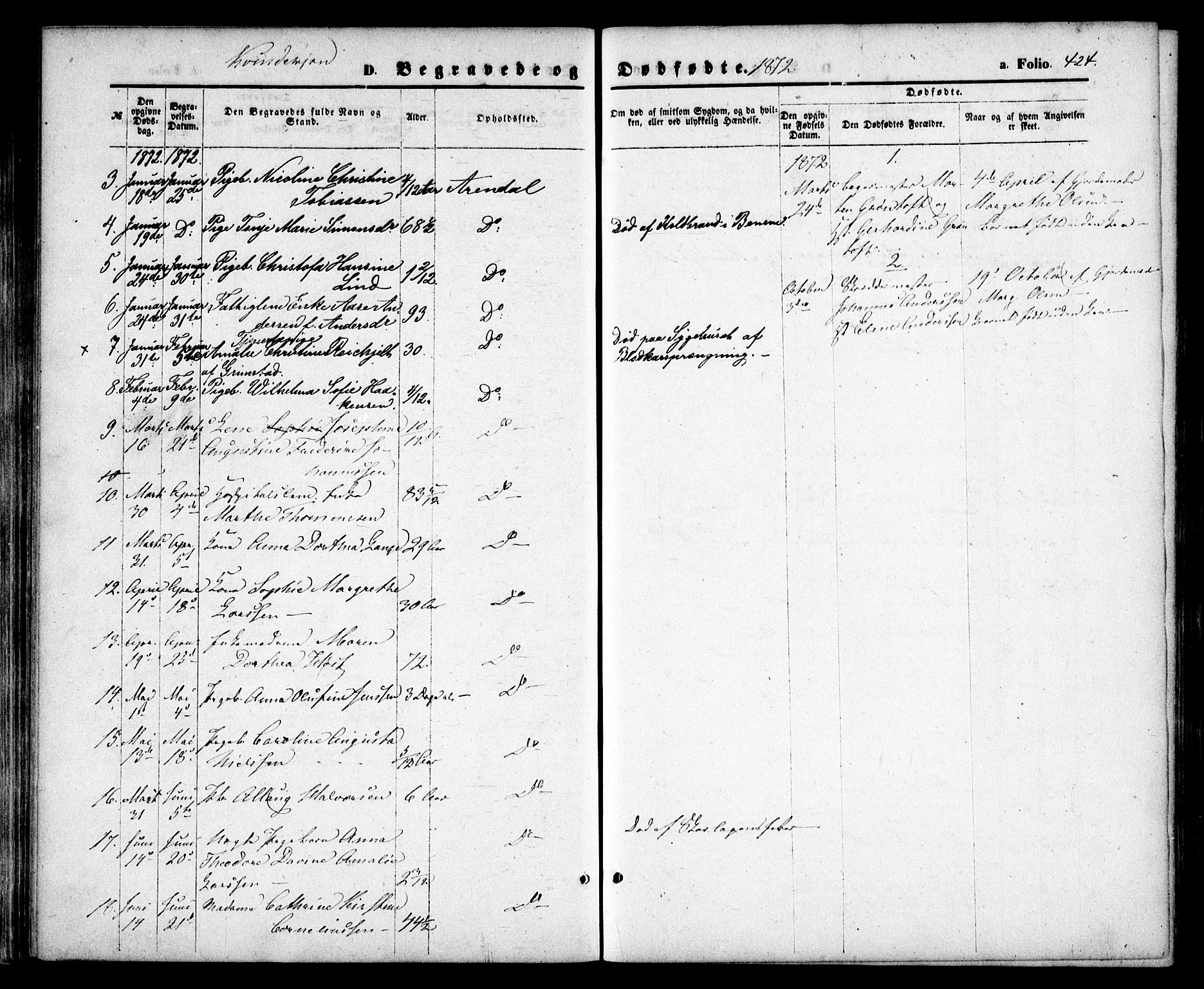 Arendal sokneprestkontor, Trefoldighet, SAK/1111-0040/F/Fa/L0007: Parish register (official) no. A 7, 1868-1878, p. 424