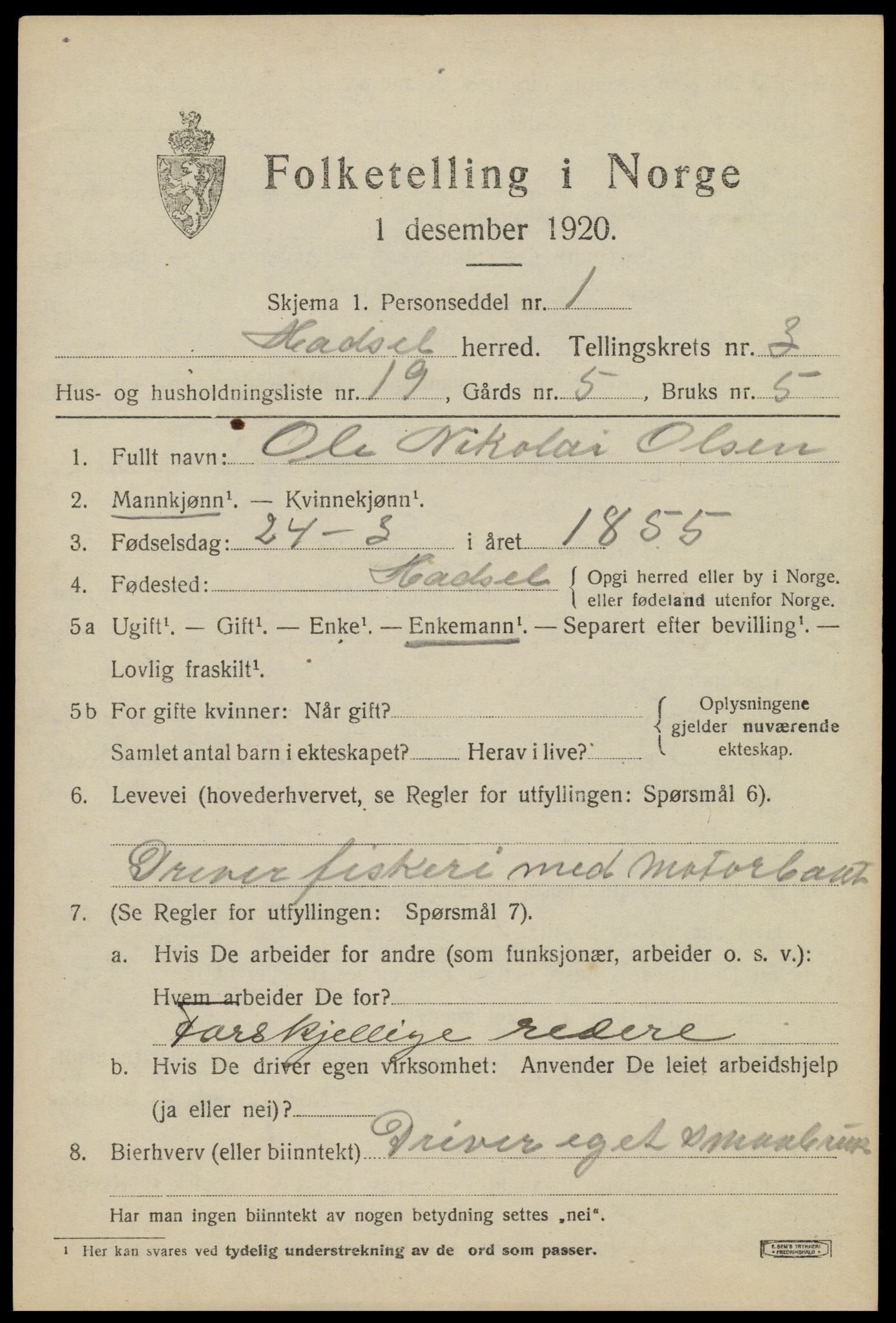 SAT, 1920 census for Hadsel, 1920, p. 5268