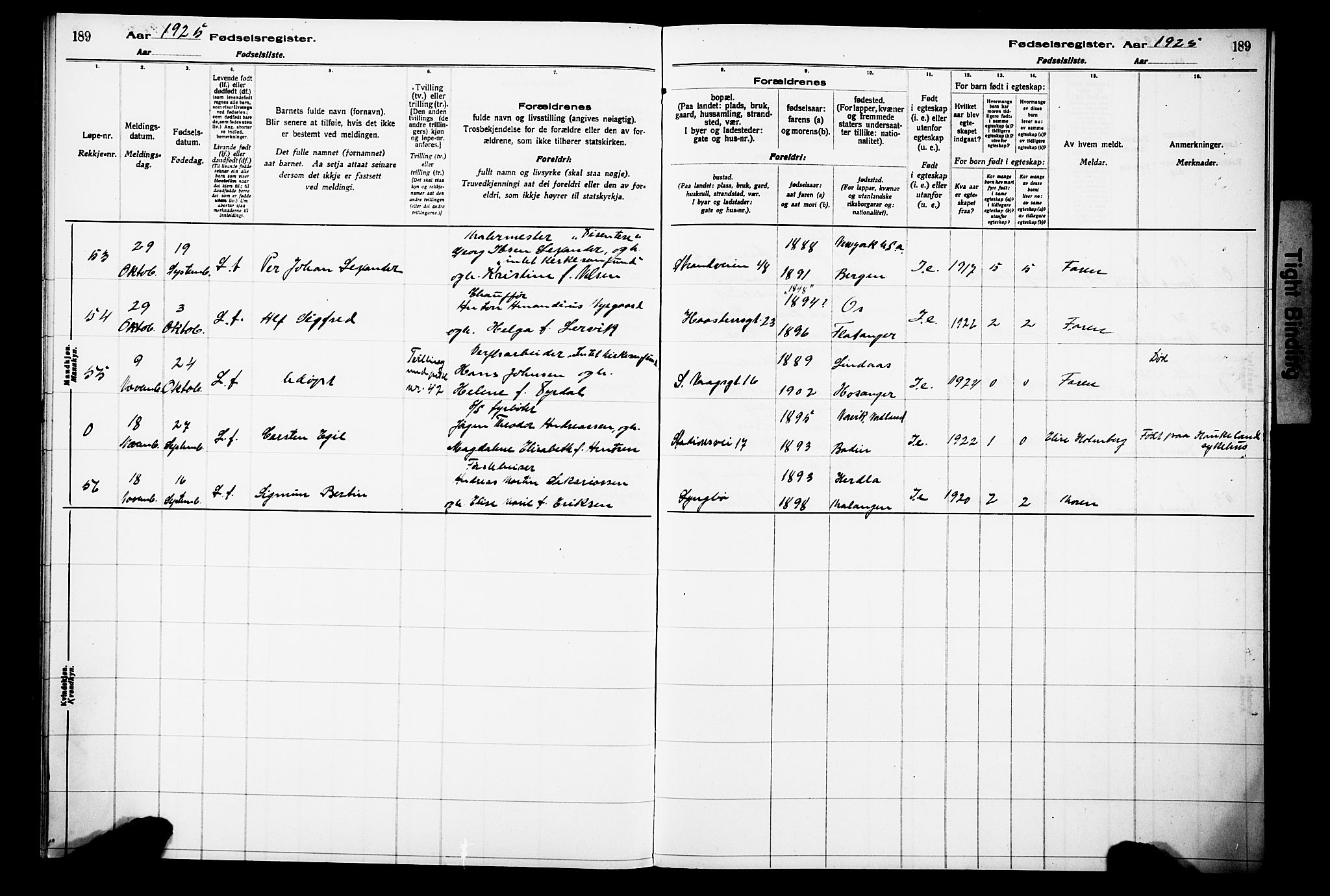 Laksevåg Sokneprestembete, AV/SAB-A-76501/I/Id/L00A1: Birth register no. A 1, 1916-1926, p. 189