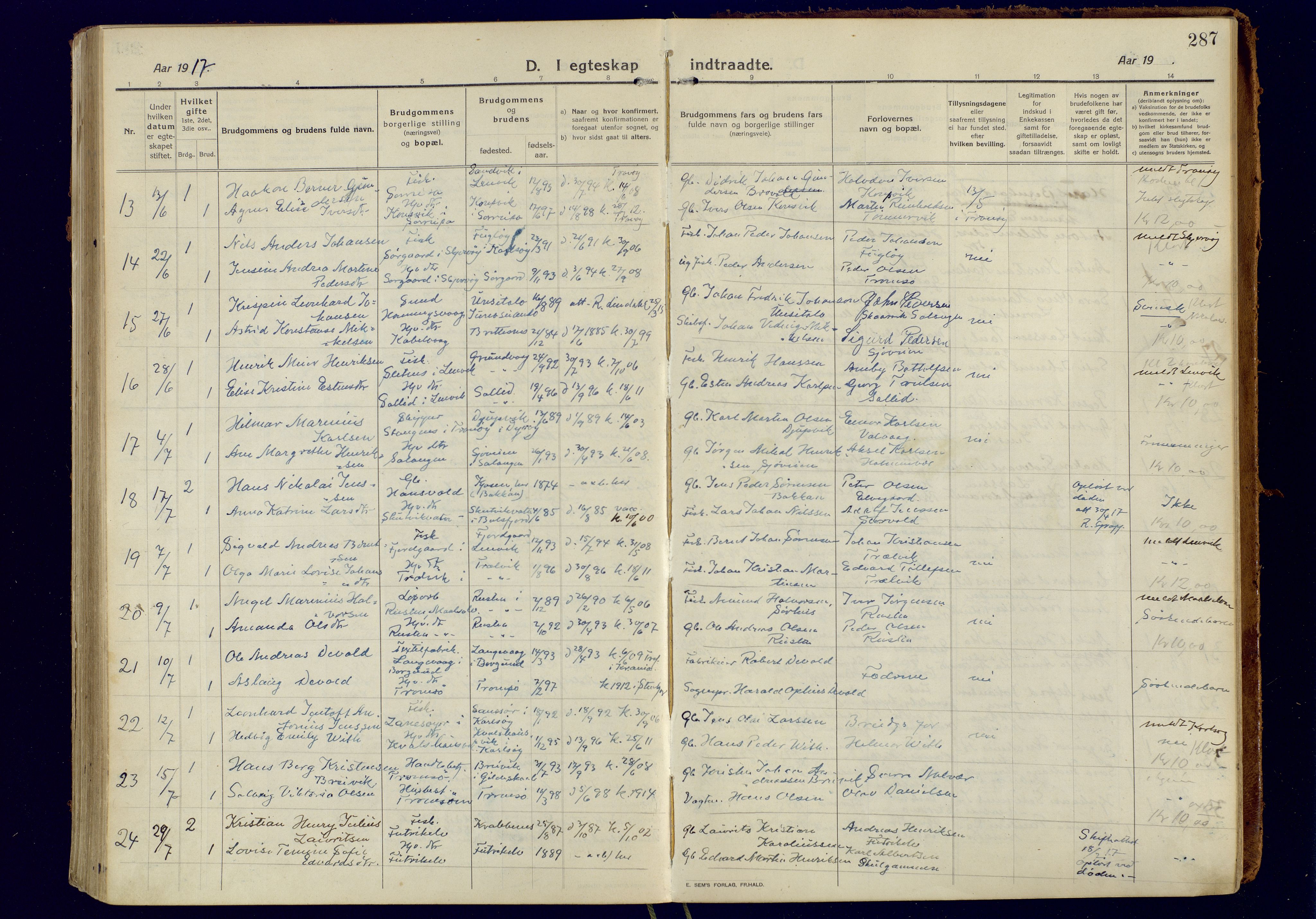 Tromsøysund sokneprestkontor, AV/SATØ-S-1304/G/Ga/L0008kirke: Parish register (official) no. 8, 1914-1922, p. 287