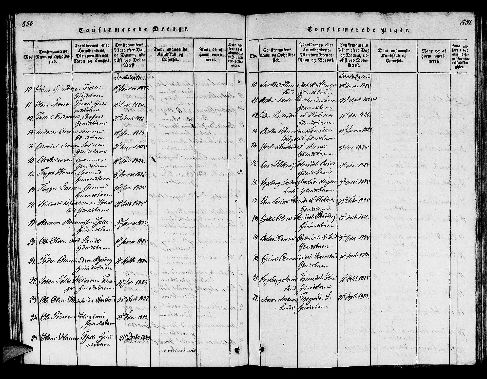 Håland sokneprestkontor, AV/SAST-A-101802/001/30BB/L0001: Parish register (copy) no. B 1, 1815-1845, p. 550-551