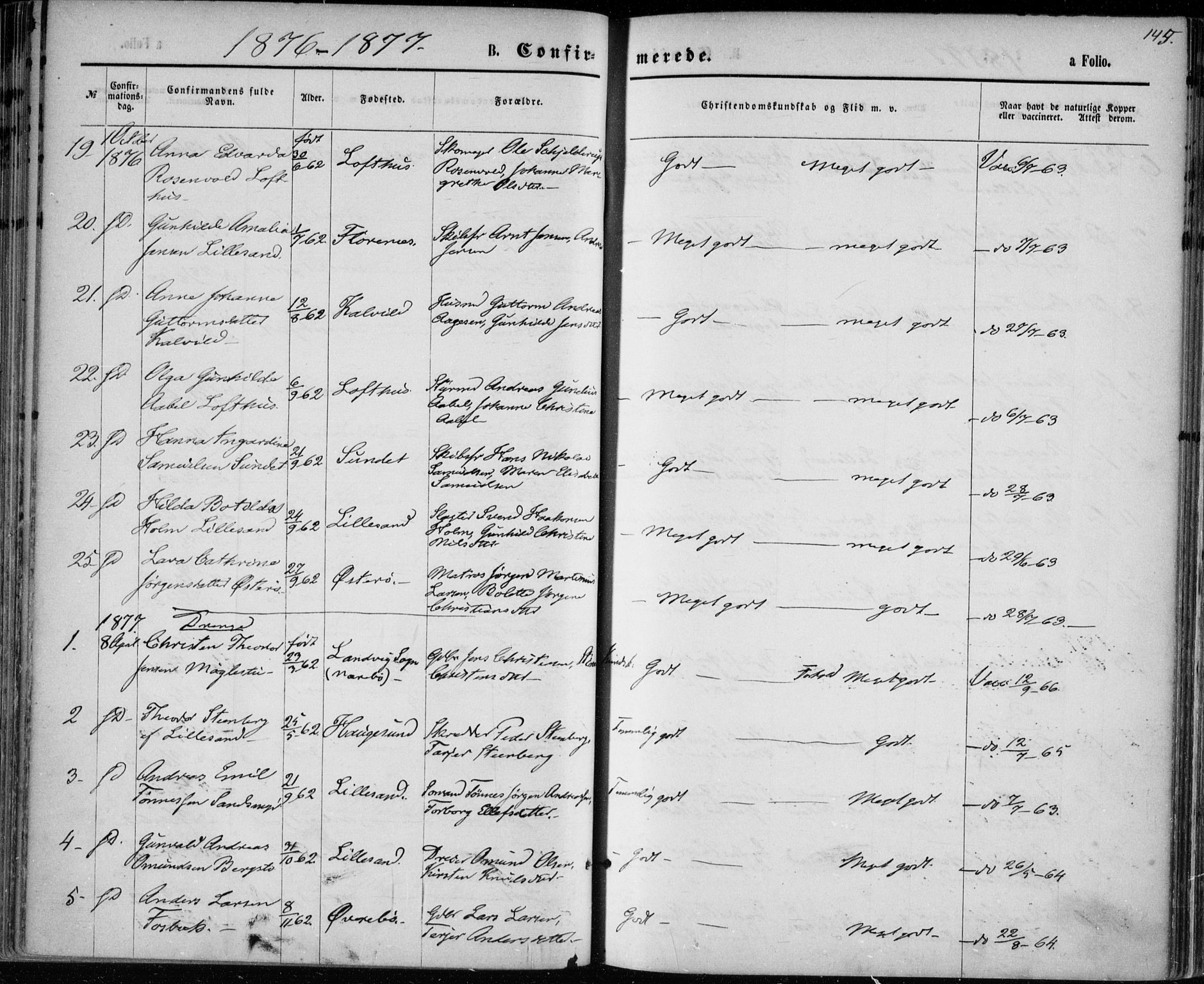 Vestre Moland sokneprestkontor, SAK/1111-0046/F/Fa/Fab/L0008: Parish register (official) no. A 8, 1873-1883, p. 145