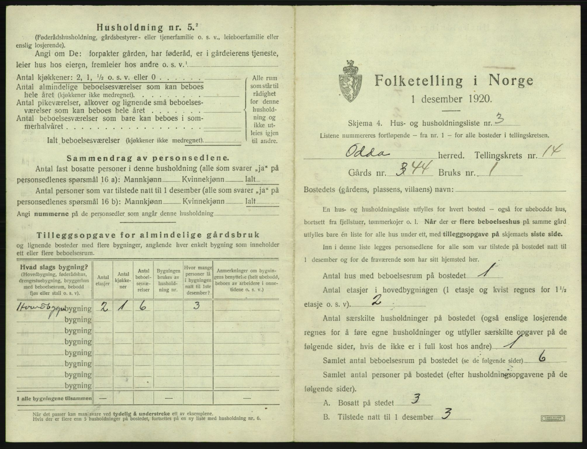 SAB, 1920 census for Odda, 1920, p. 1152