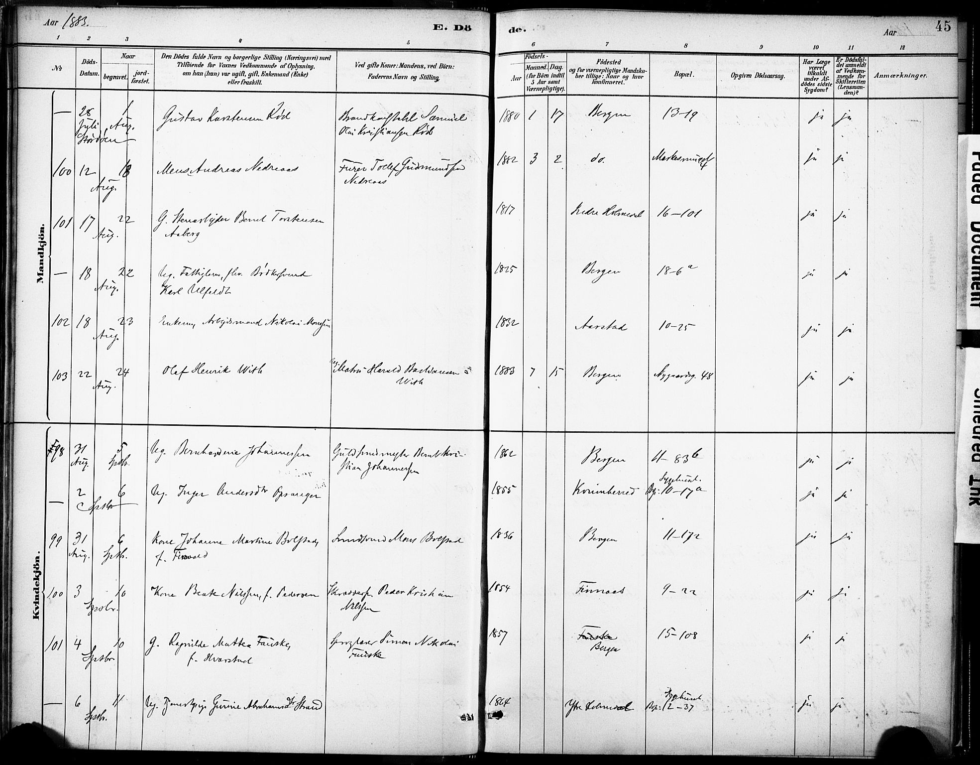 Domkirken sokneprestembete, AV/SAB-A-74801/H/Haa/L0043: Parish register (official) no. E 5, 1882-1904, p. 45