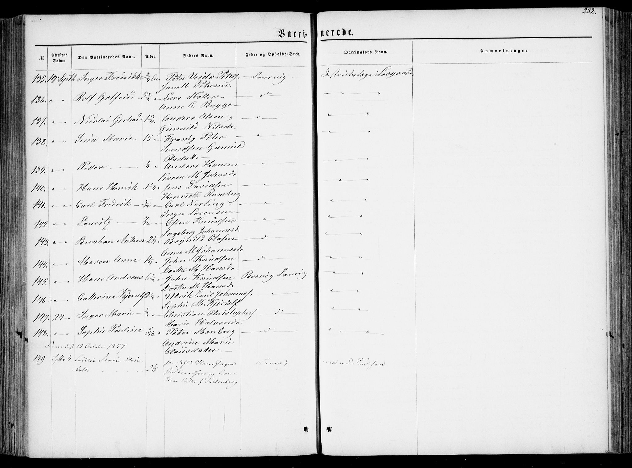 Larvik kirkebøker, AV/SAKO-A-352/F/Fa/L0005: Parish register (official) no. I 5, 1856-1870, p. 232