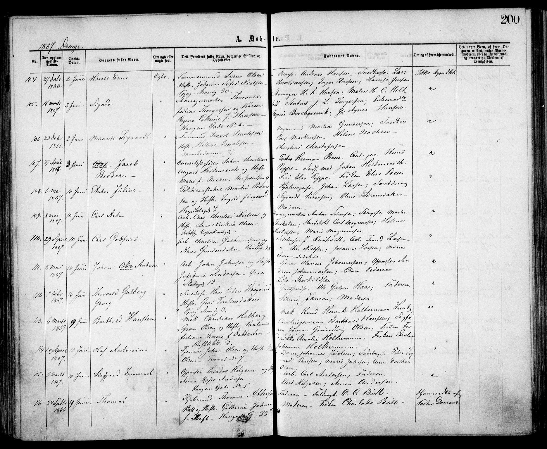 Trefoldighet prestekontor Kirkebøker, SAO/A-10882/F/Fa/L0002: Parish register (official) no. I 2, 1863-1870, p. 200