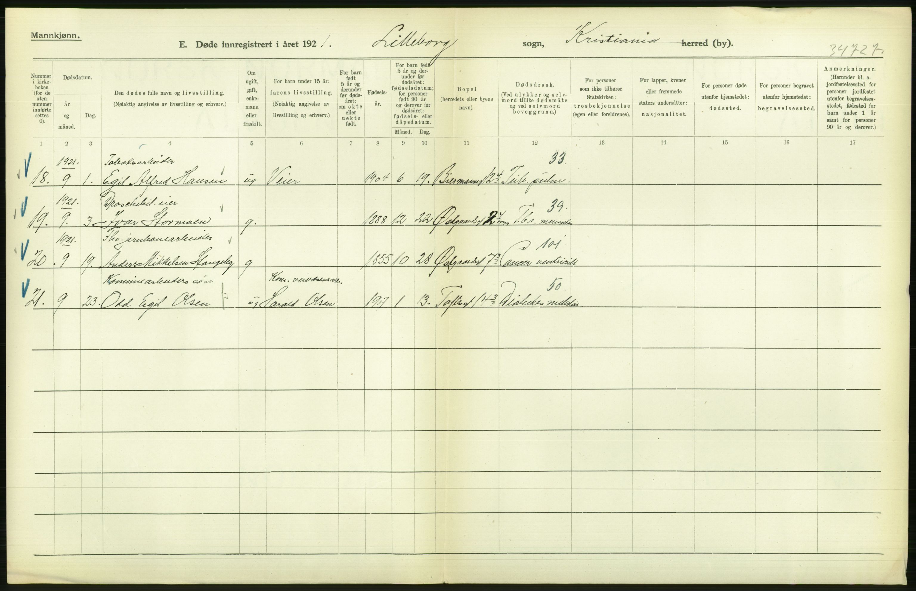 Statistisk sentralbyrå, Sosiodemografiske emner, Befolkning, AV/RA-S-2228/D/Df/Dfc/Dfca/L0012: Kristiania: Døde, 1921, p. 114