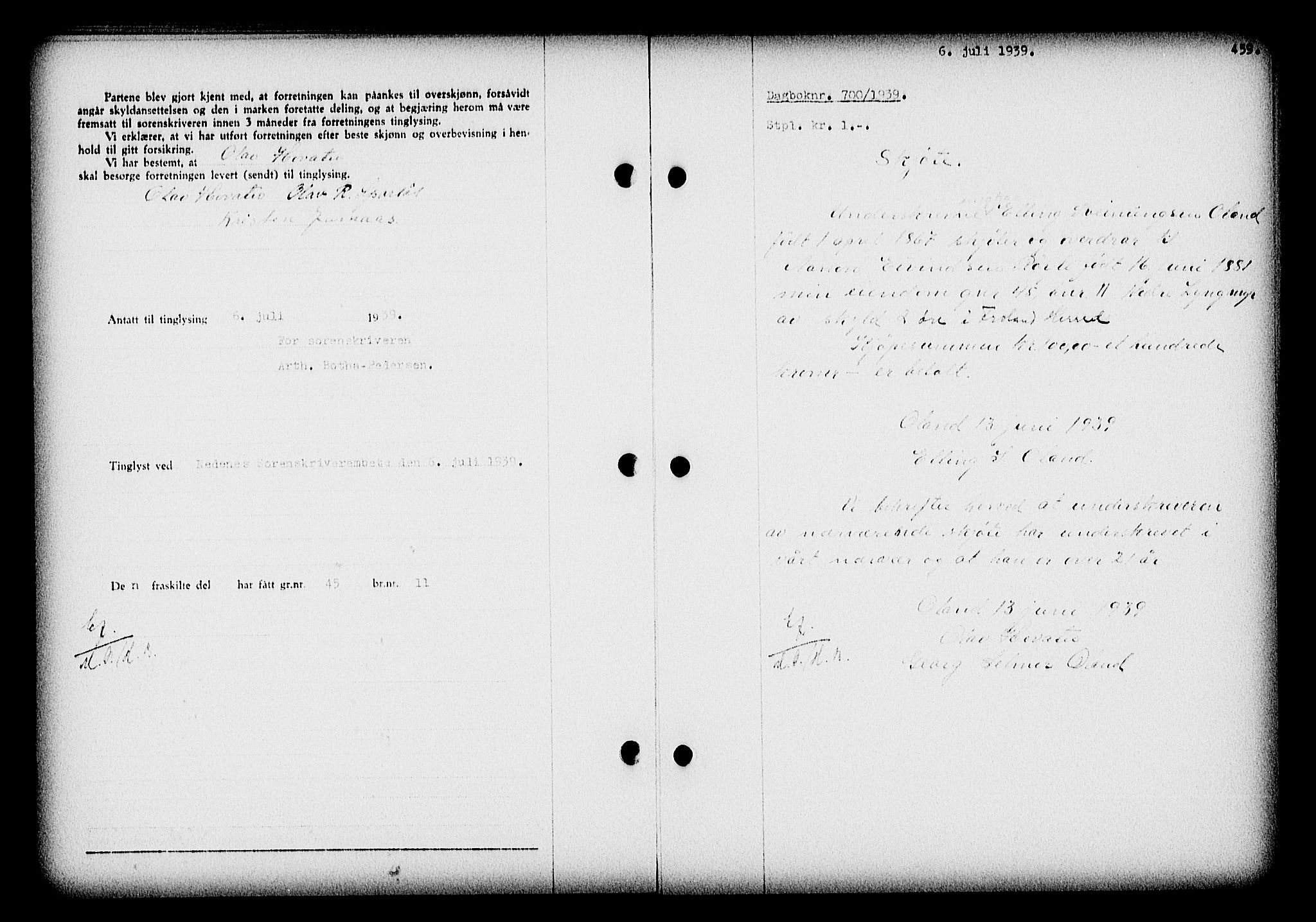 Nedenes sorenskriveri, SAK/1221-0006/G/Gb/Gba/L0046: Mortgage book no. 42, 1938-1939, Diary no: : 700/1939