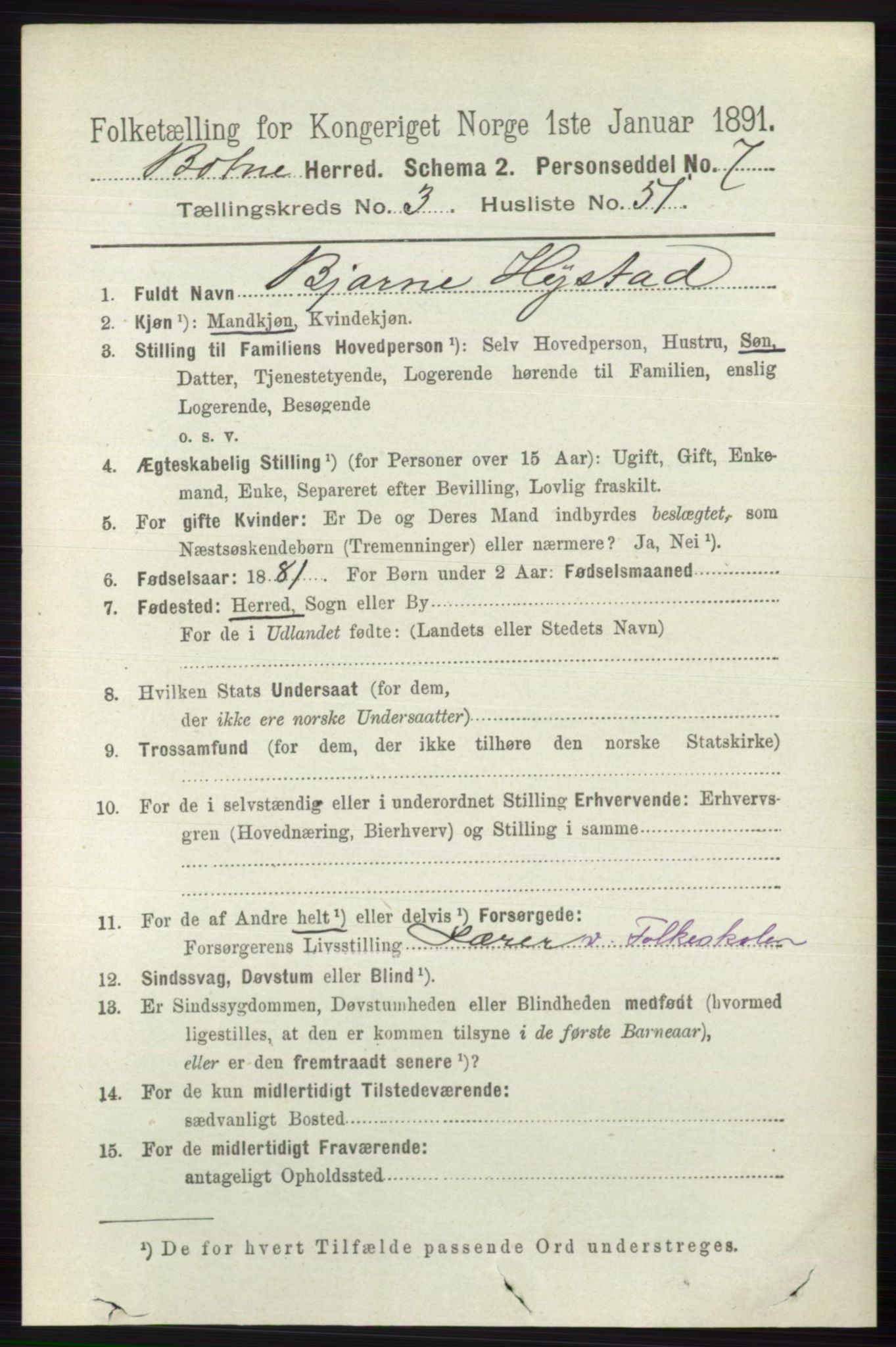 RA, 1891 census for 0715 Botne, 1891, p. 1536