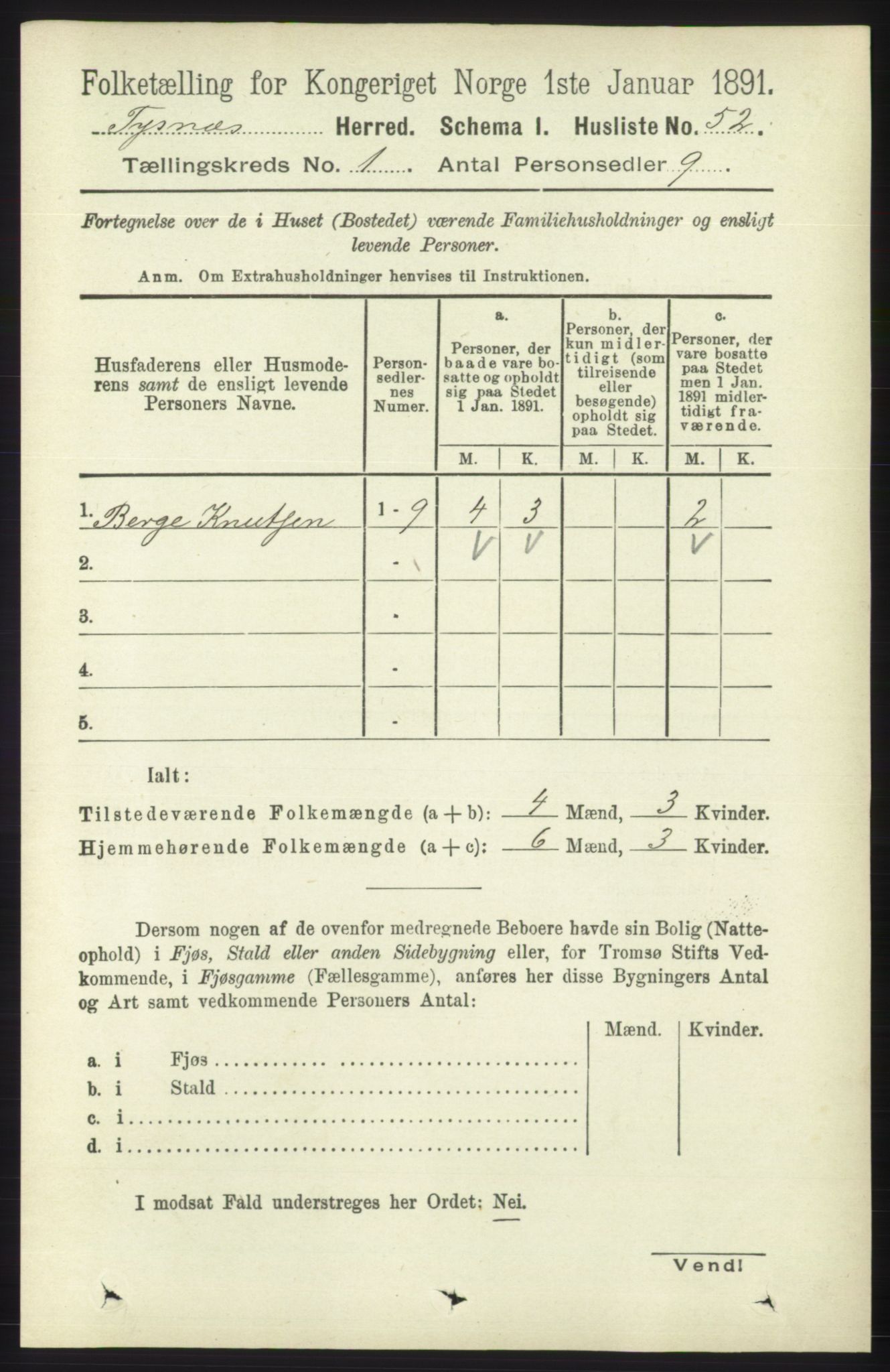 RA, 1891 census for 1223 Tysnes, 1891, p. 84