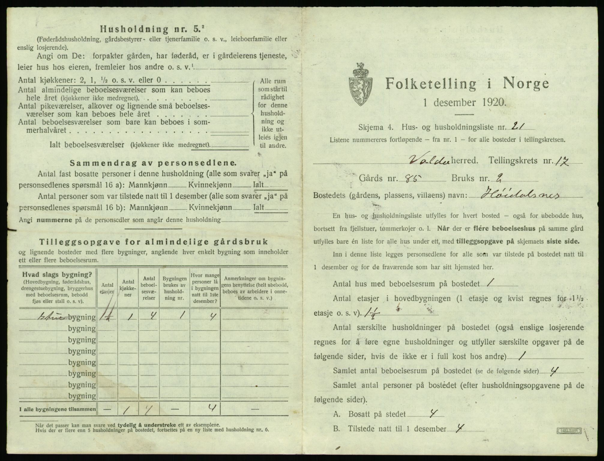 SAT, 1920 census for Volda, 1920, p. 1280