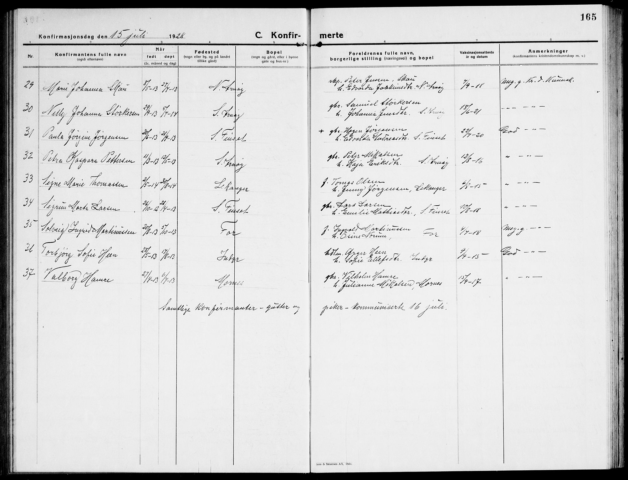 Ministerialprotokoller, klokkerbøker og fødselsregistre - Nordland, AV/SAT-A-1459/805/L0111: Parish register (copy) no. 805C07, 1925-1943, p. 165